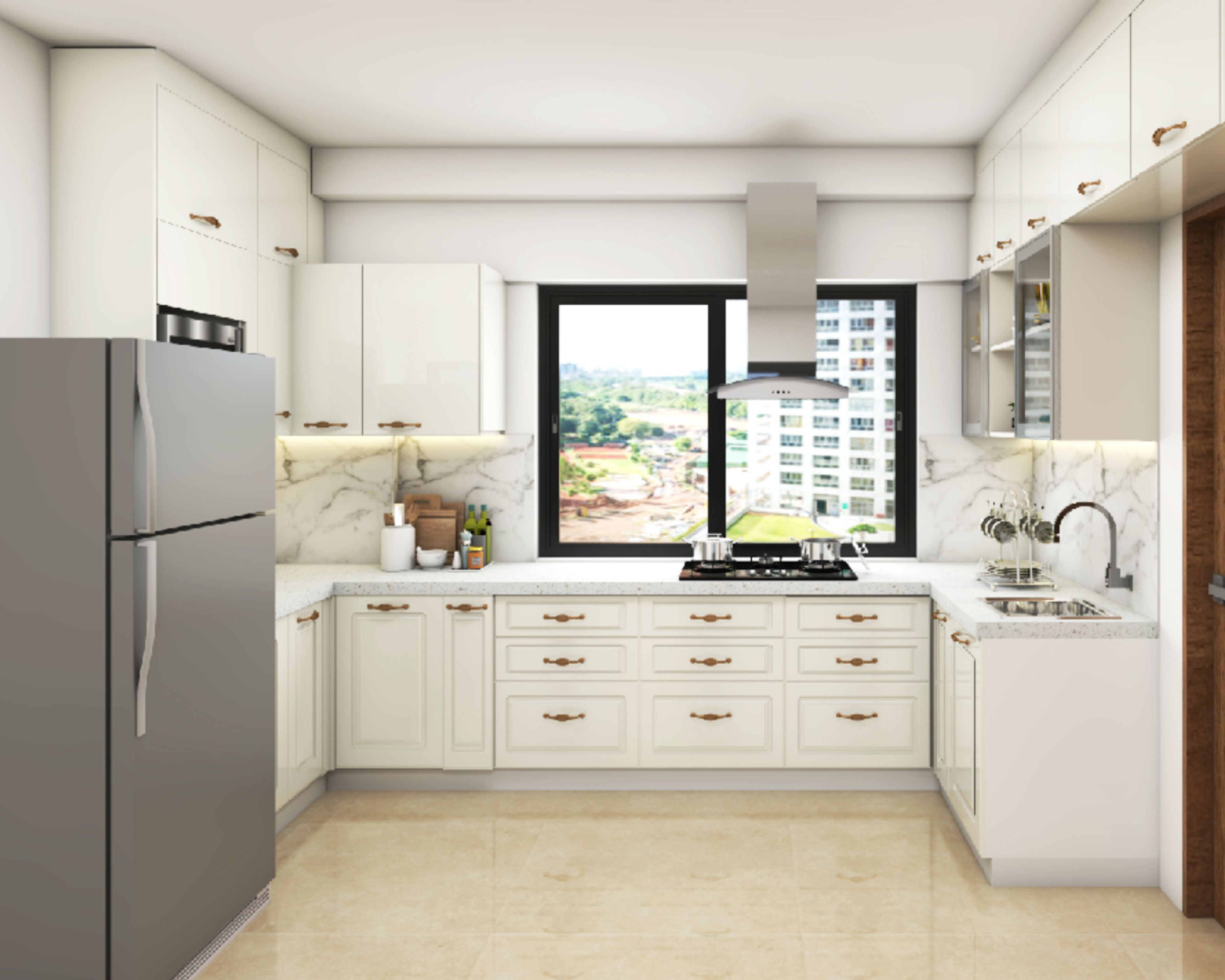 Classic Frosty White U Shaped Modular Kitchen Design