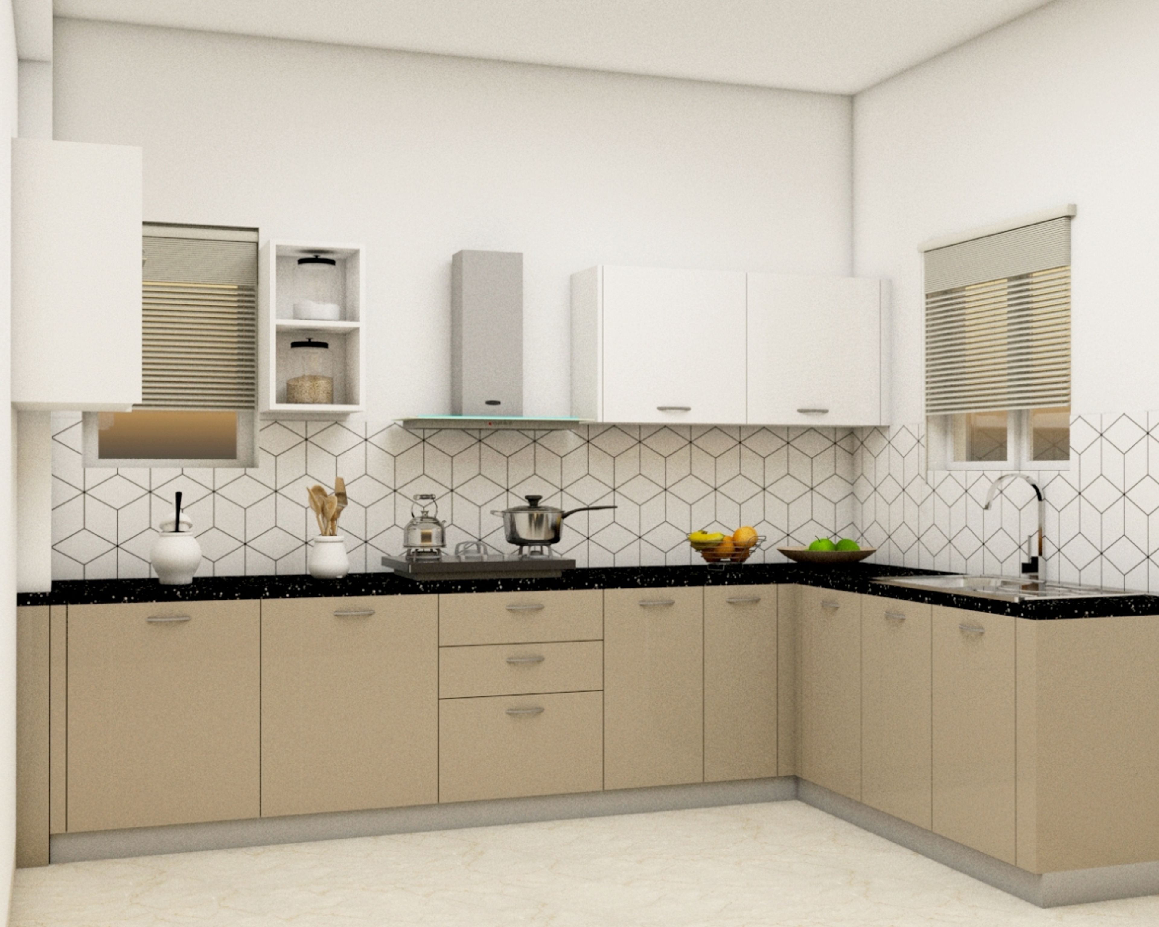 Modern Irish Cream And Frsoty White L Shape Kitchen Design