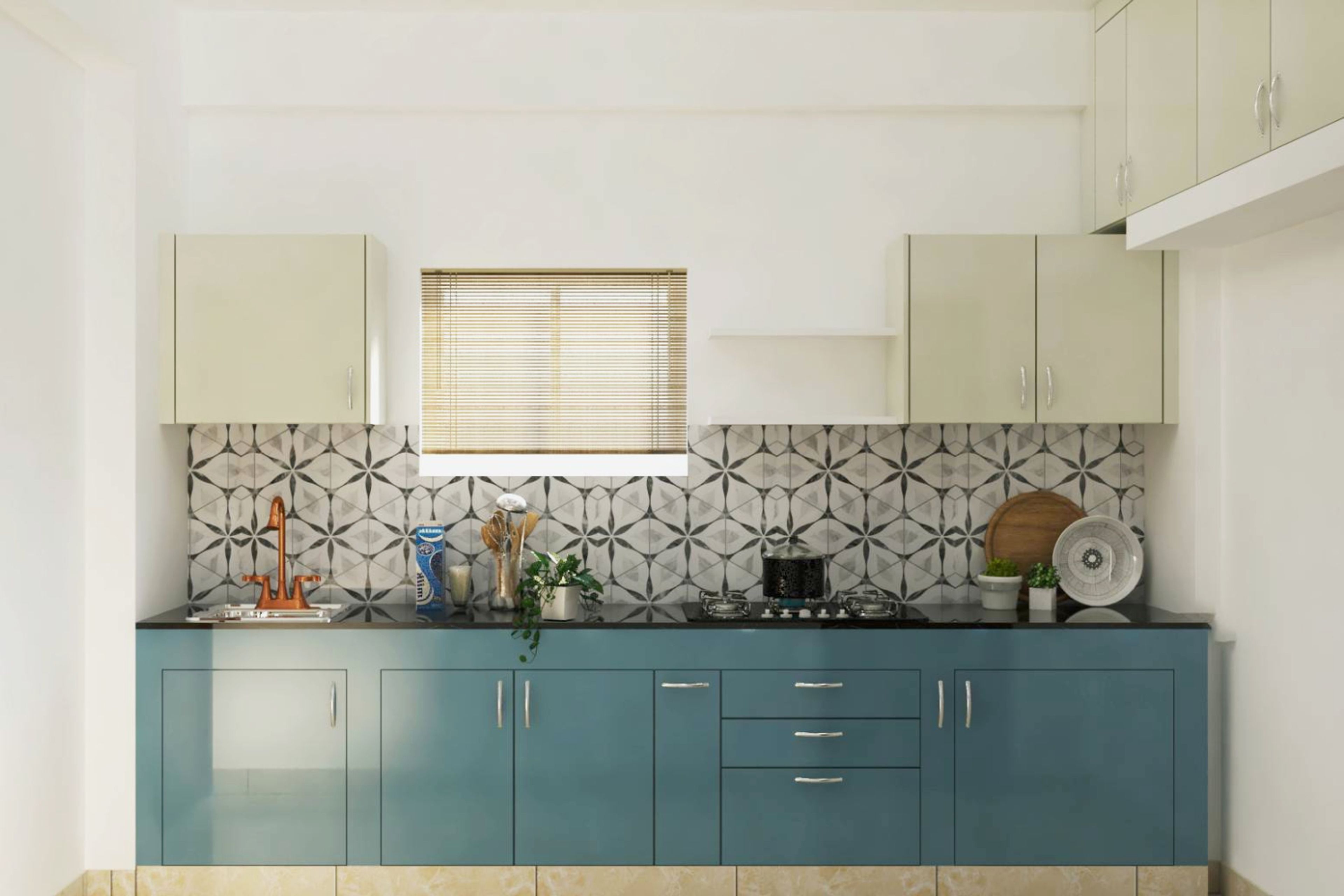 Modern Denim Suedette And Champagne Tone Straight Kitchen Design