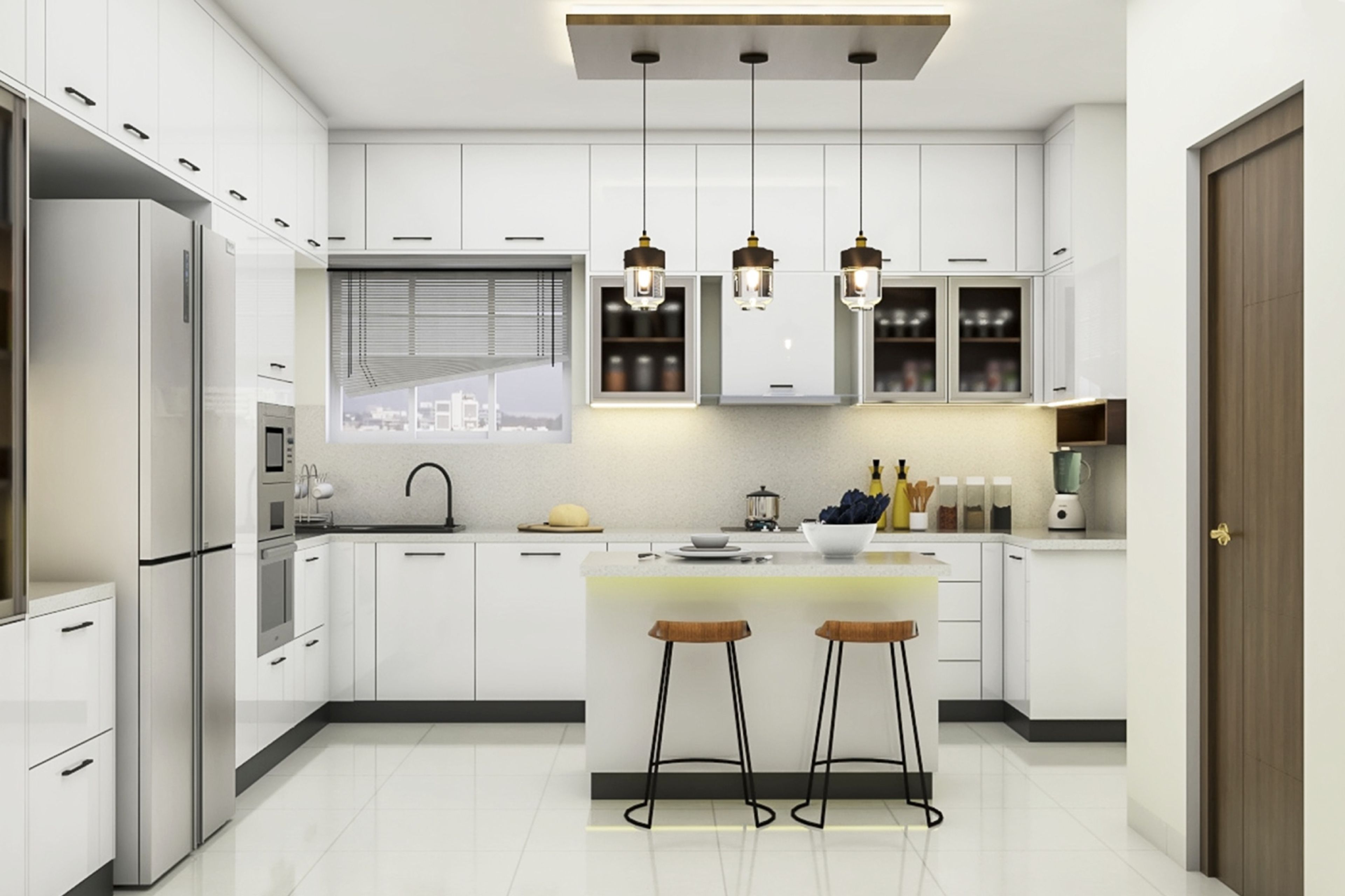 Modern U Shaped Modular Island Kitchen Design In Frosty White