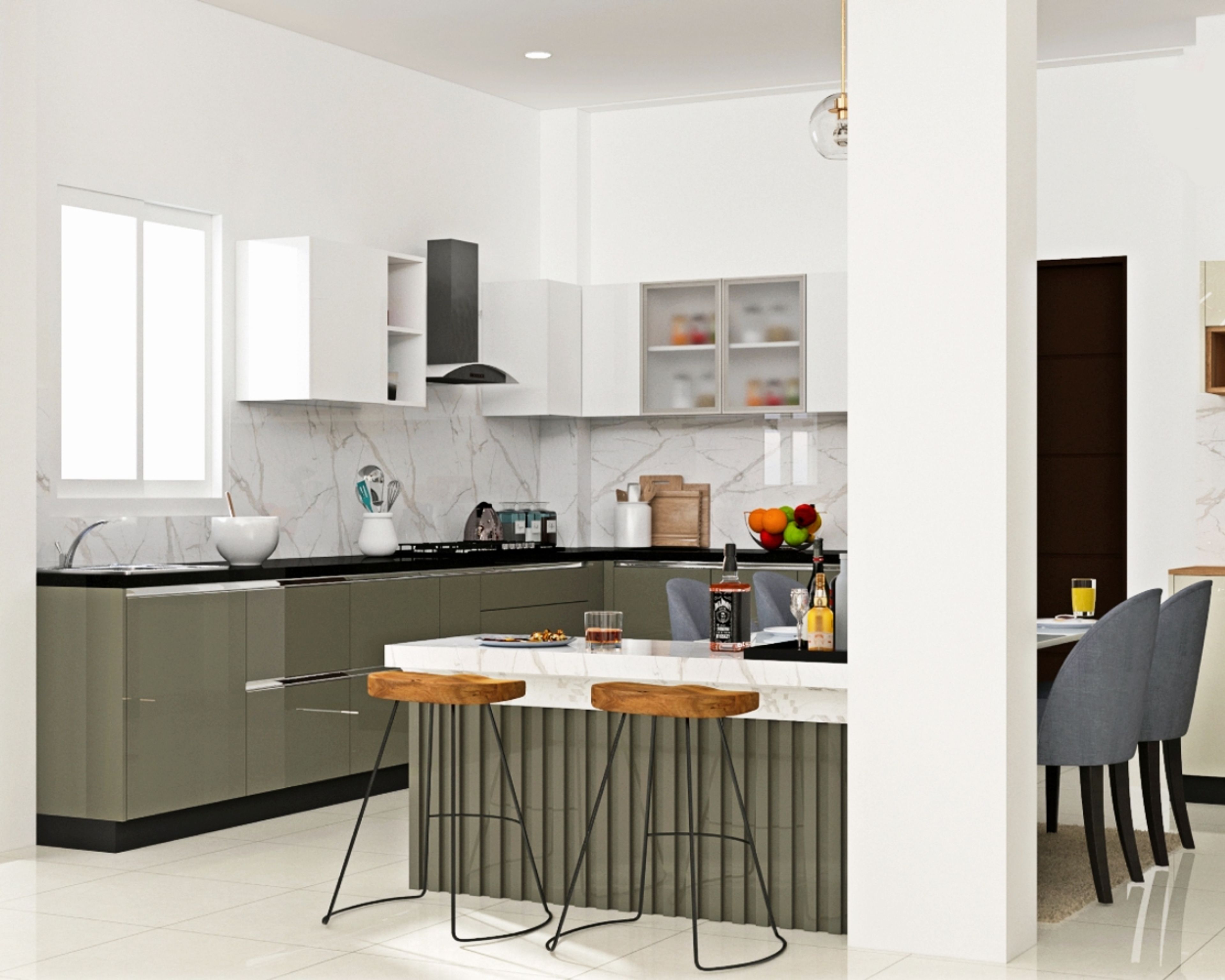 Contemporary Modular Open Kitchen Design With High-Gloss Green And White Cabinets