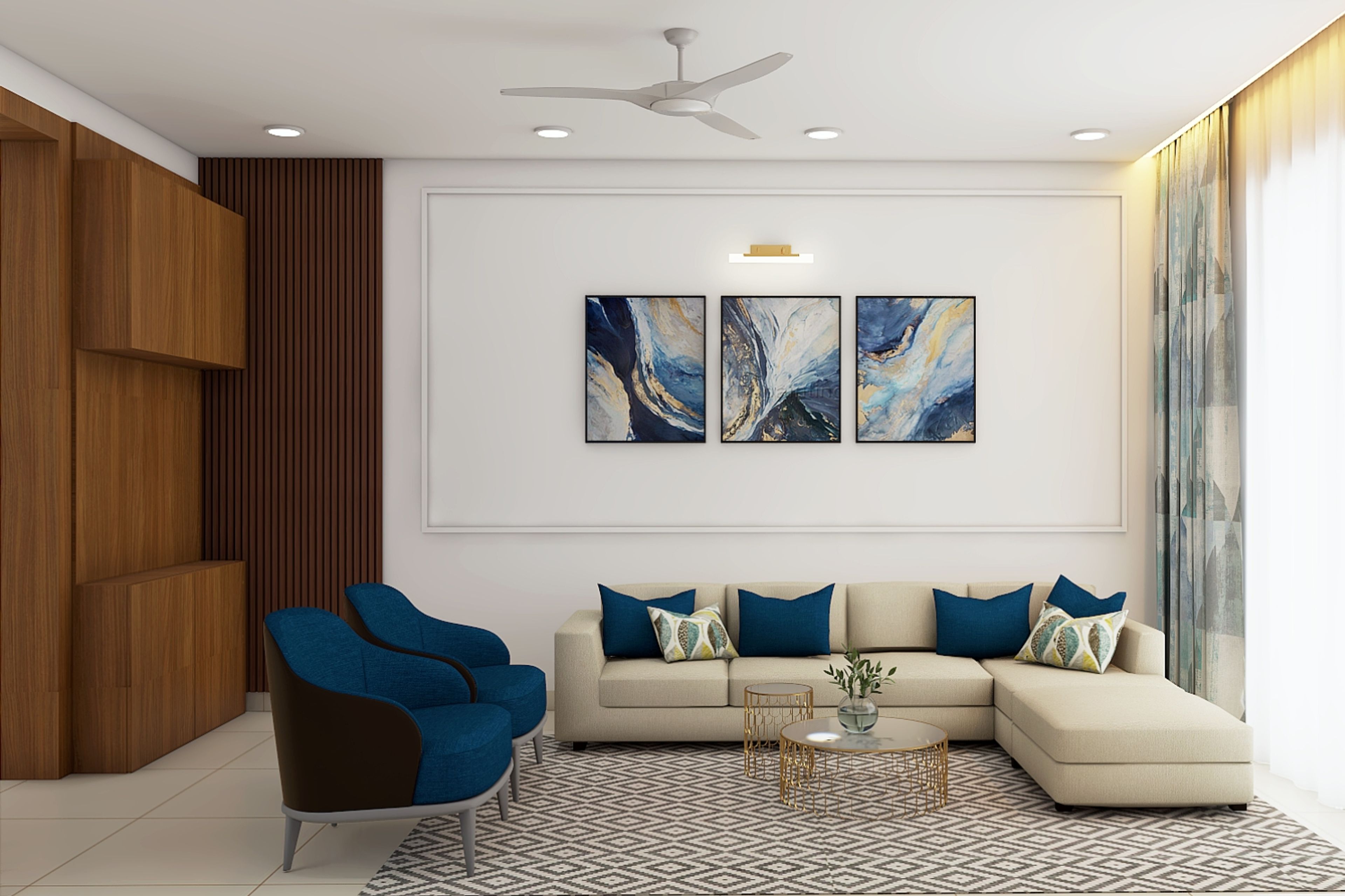 Living Room Design With Beige L-Shaped Sofa And Blue Accent Chairs - Livspace