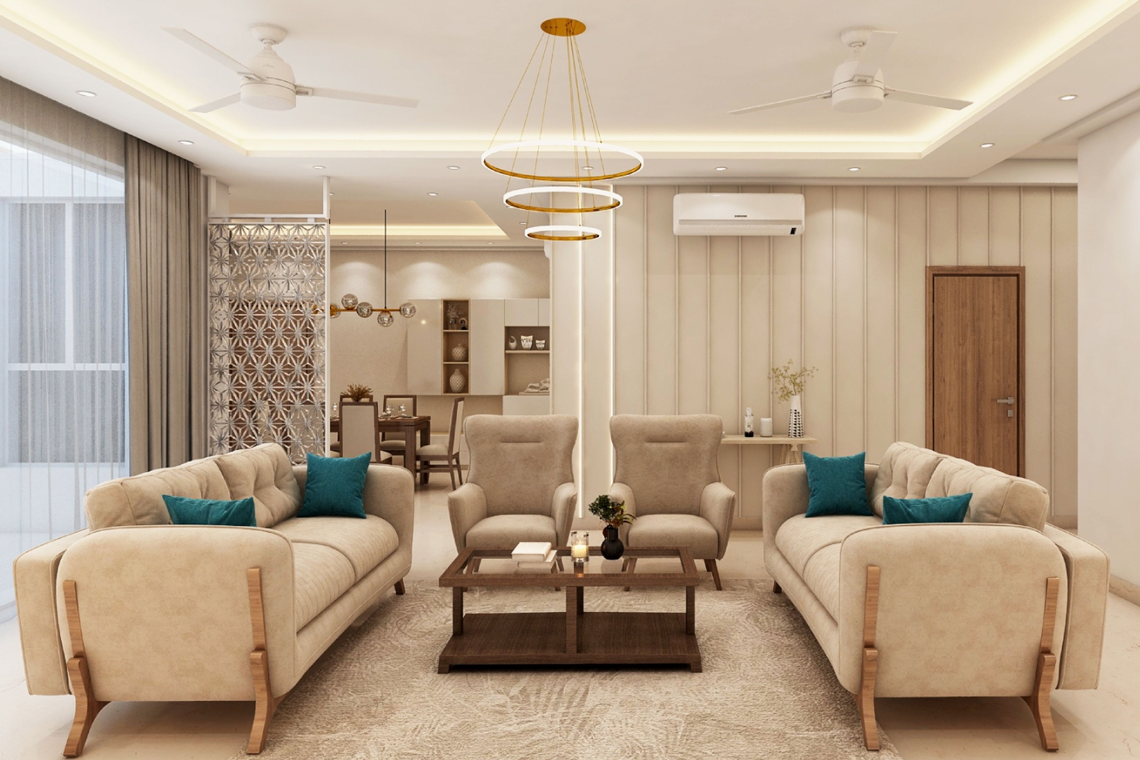 Living Room Design With Beige And Turquoise U-Shaped Sofa Set - Livspace