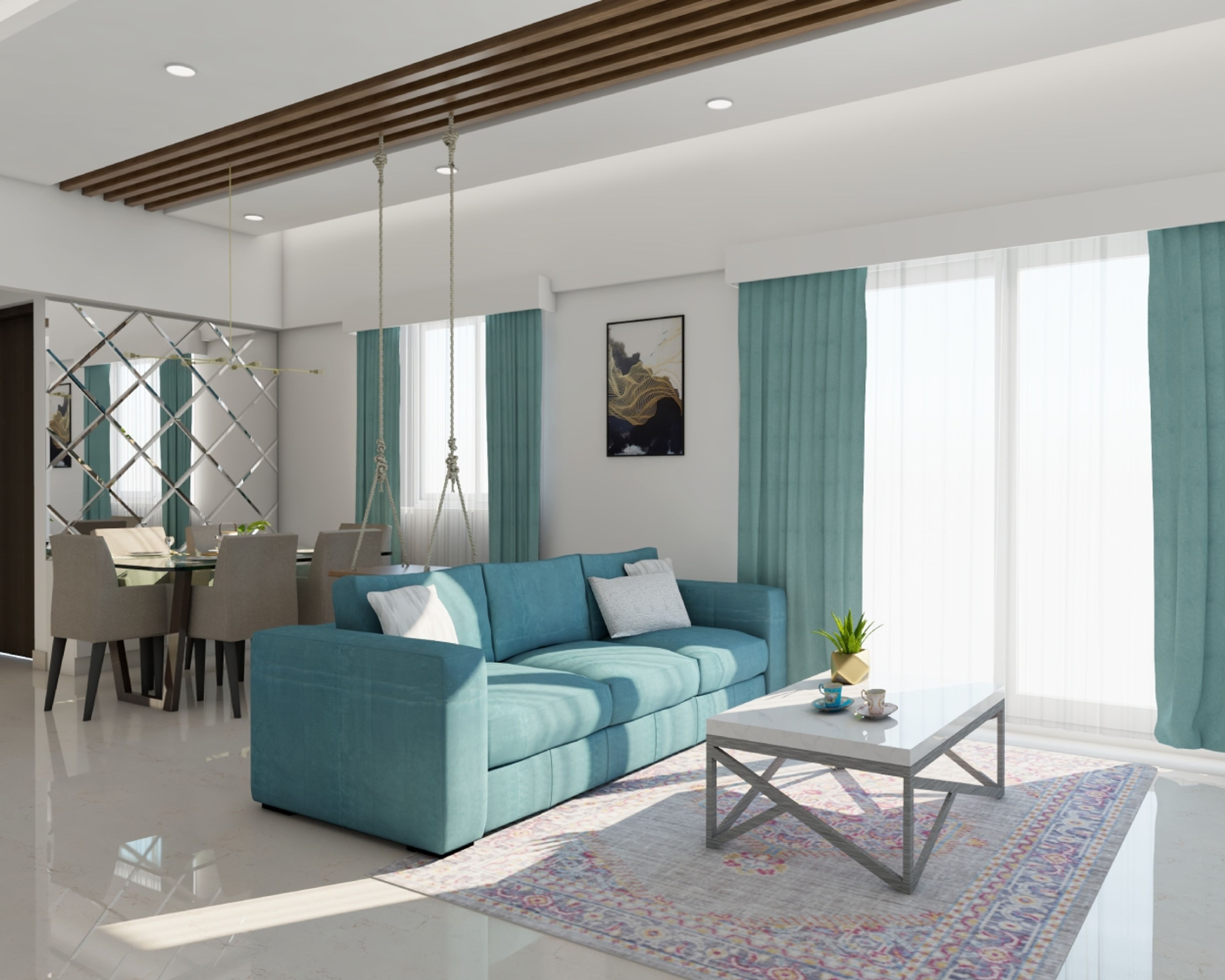 Living Room Design With Blue 3-Seater Sofa - Livspace