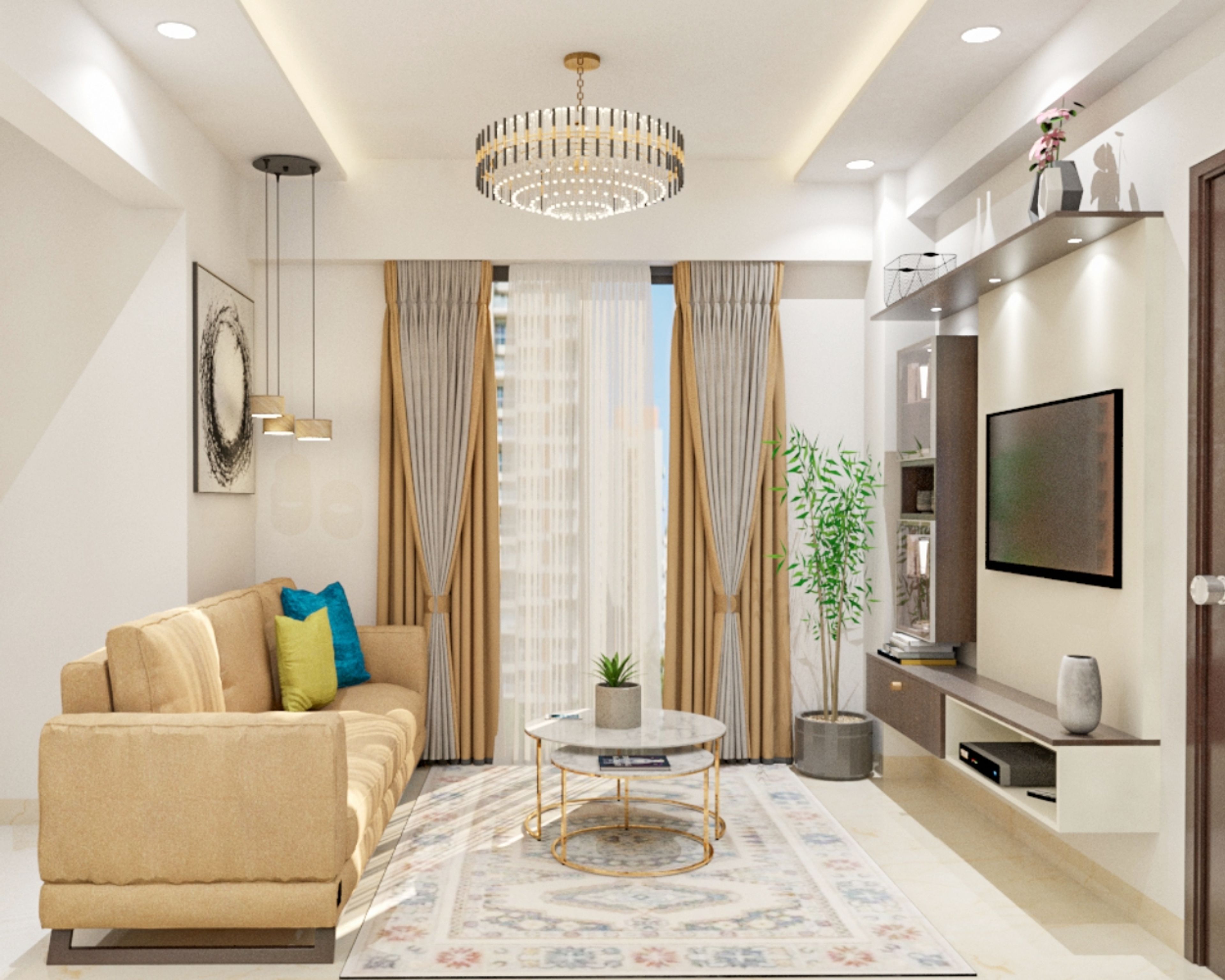 Living Room Design With Beige 3-Seater Sofa - Livspace