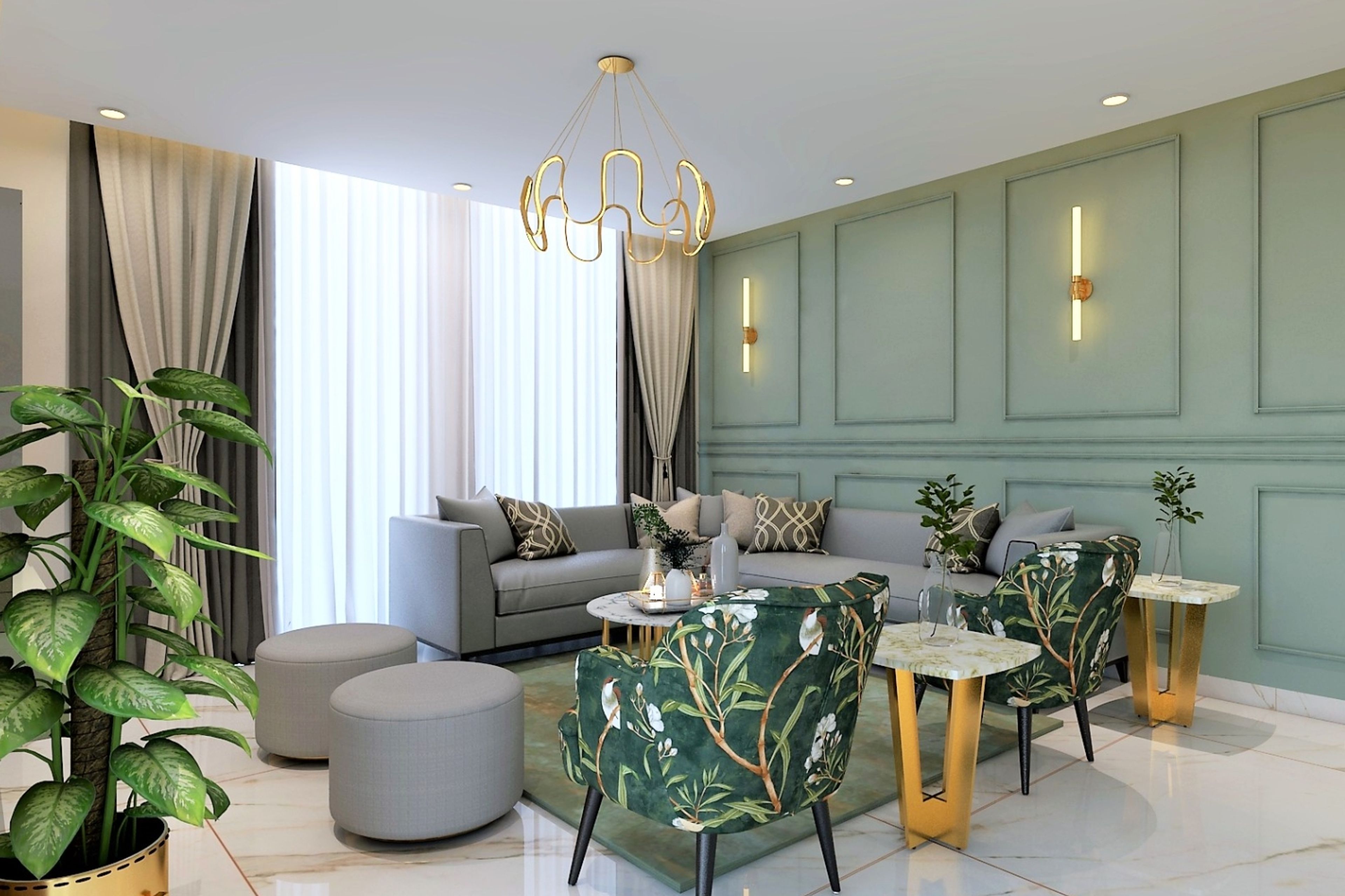 Living Room Design With Grey L-Shaped Sofa And Green Accent Wall With Trims - Livspace