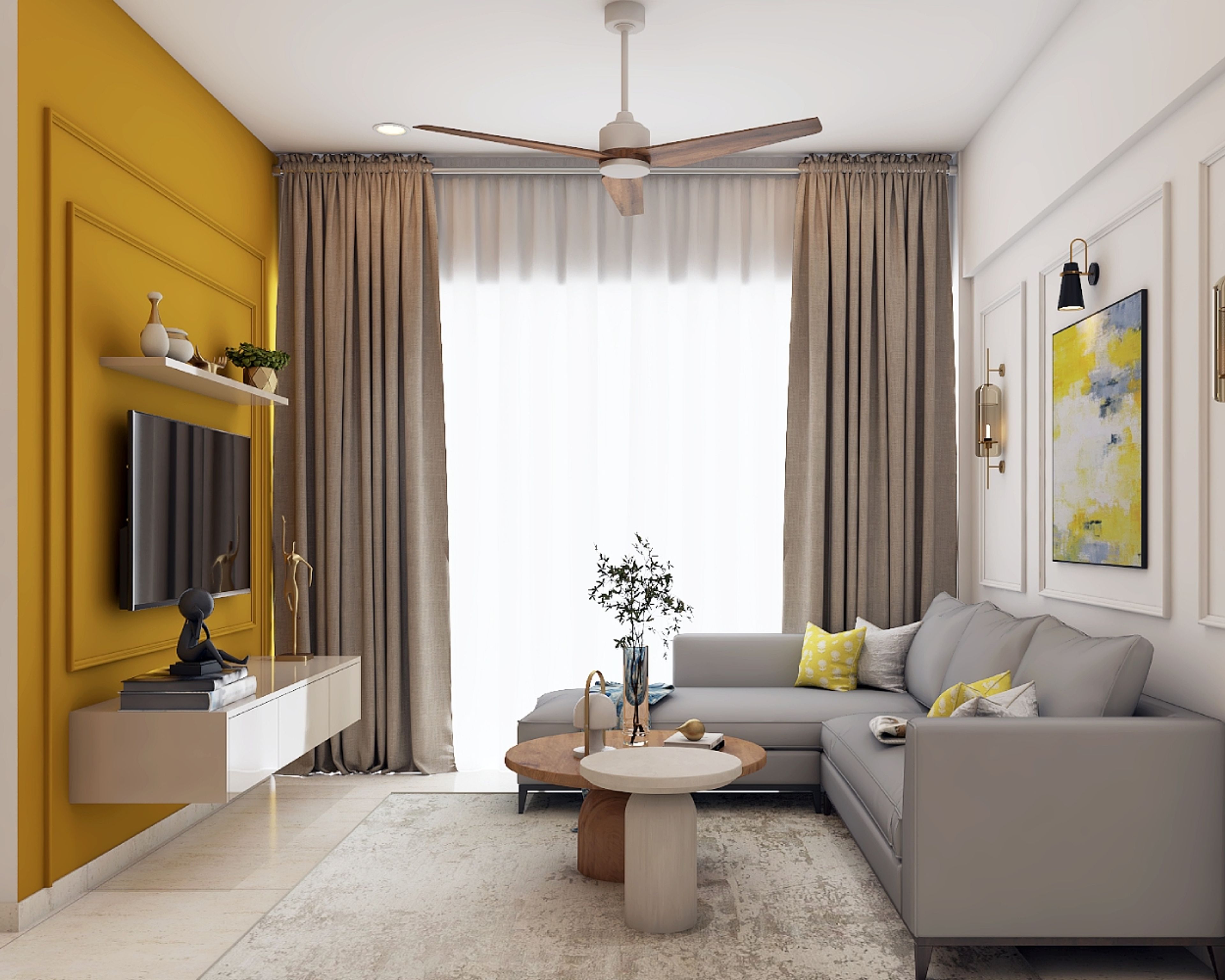 Yellow And Grey Living Room Design With Green Accent Chair - Livspace