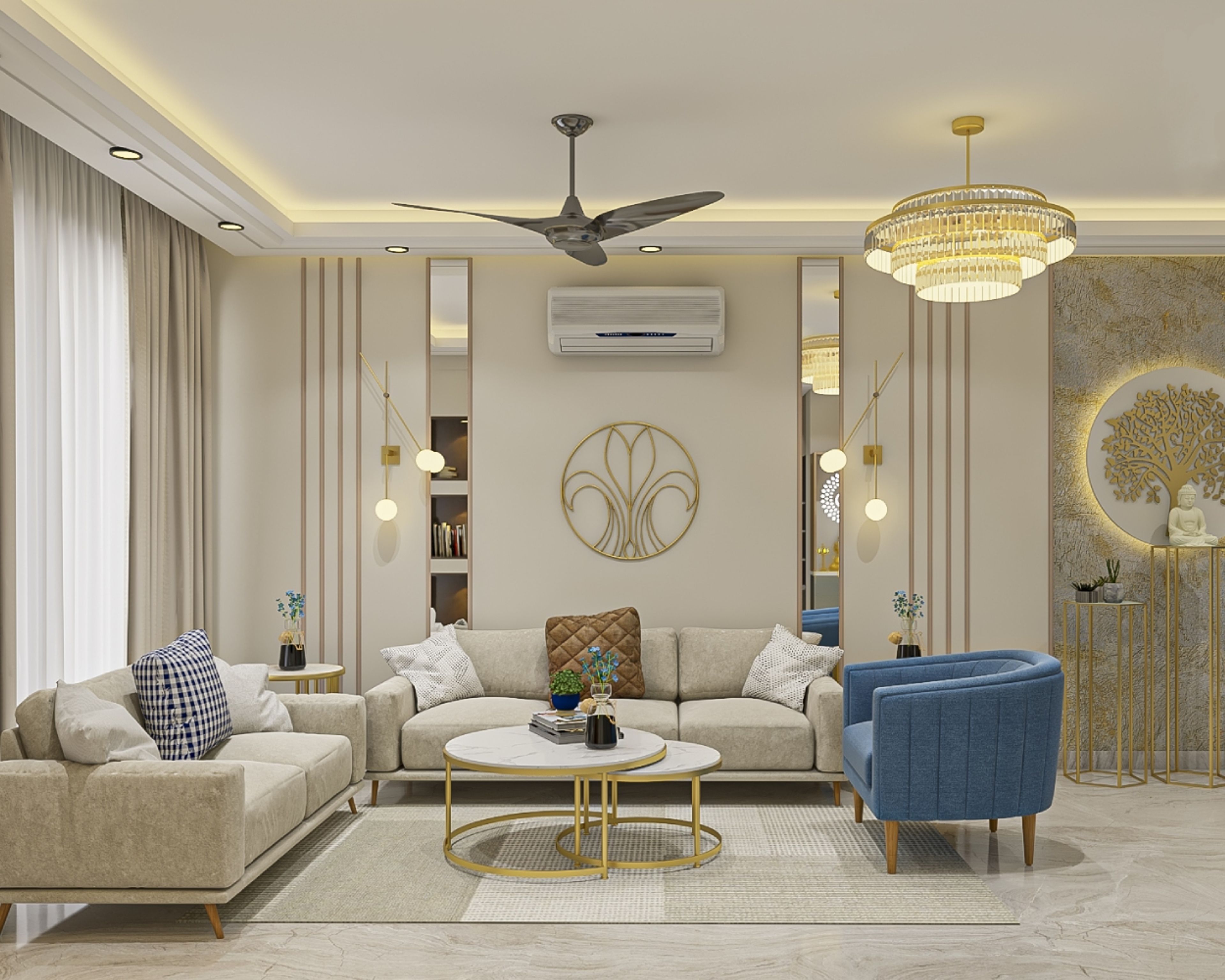 Cream And Blue Living Room Design With Cream-Toned Walls And Gold Inlays - Livspace