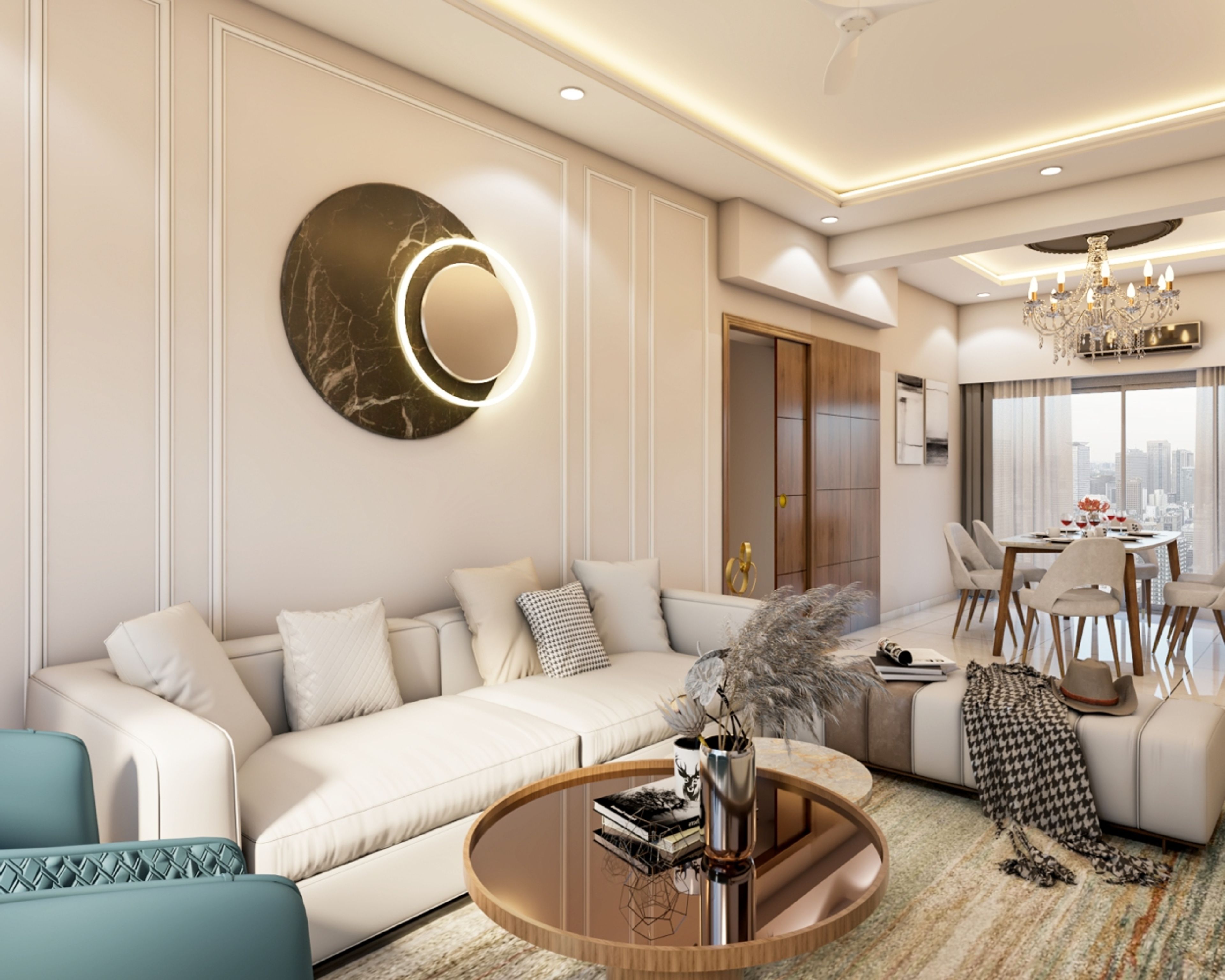 Living Room Design With Cream-Toned Walls And White Trims - Livspace