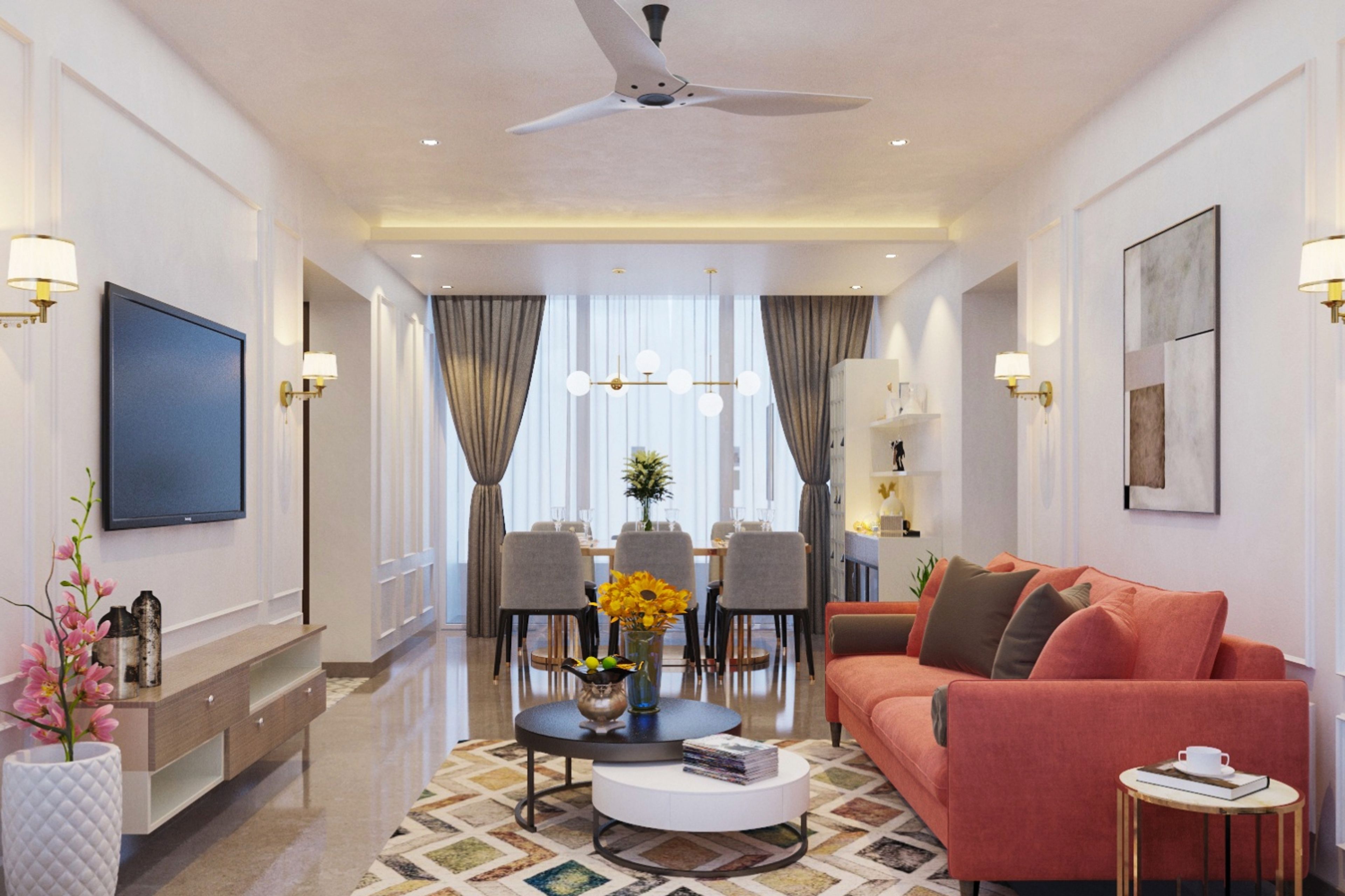 Living Room Design With Orange Sofa And Brown Cushions - Livspace