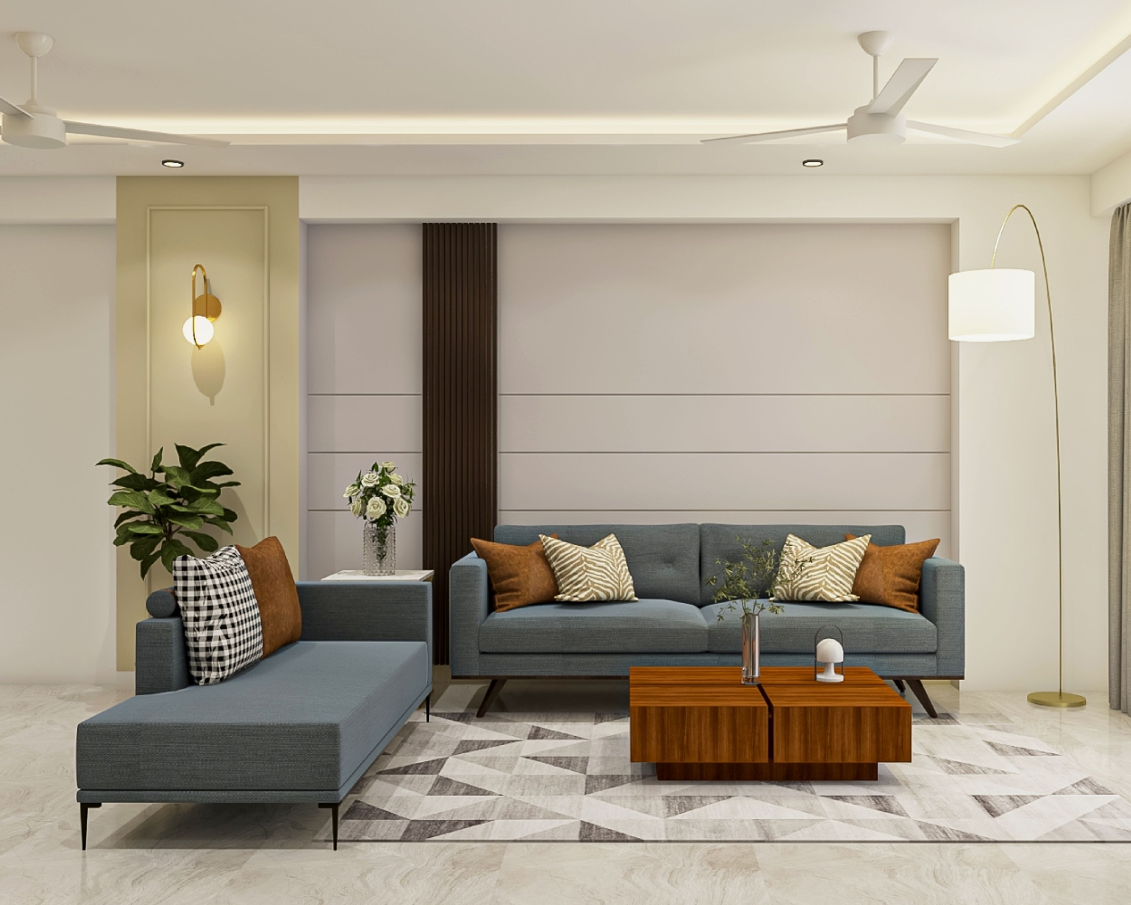 Living Room Design With Dark Grey L Shaped Sofa And Wooden Coffee Table - Livspace