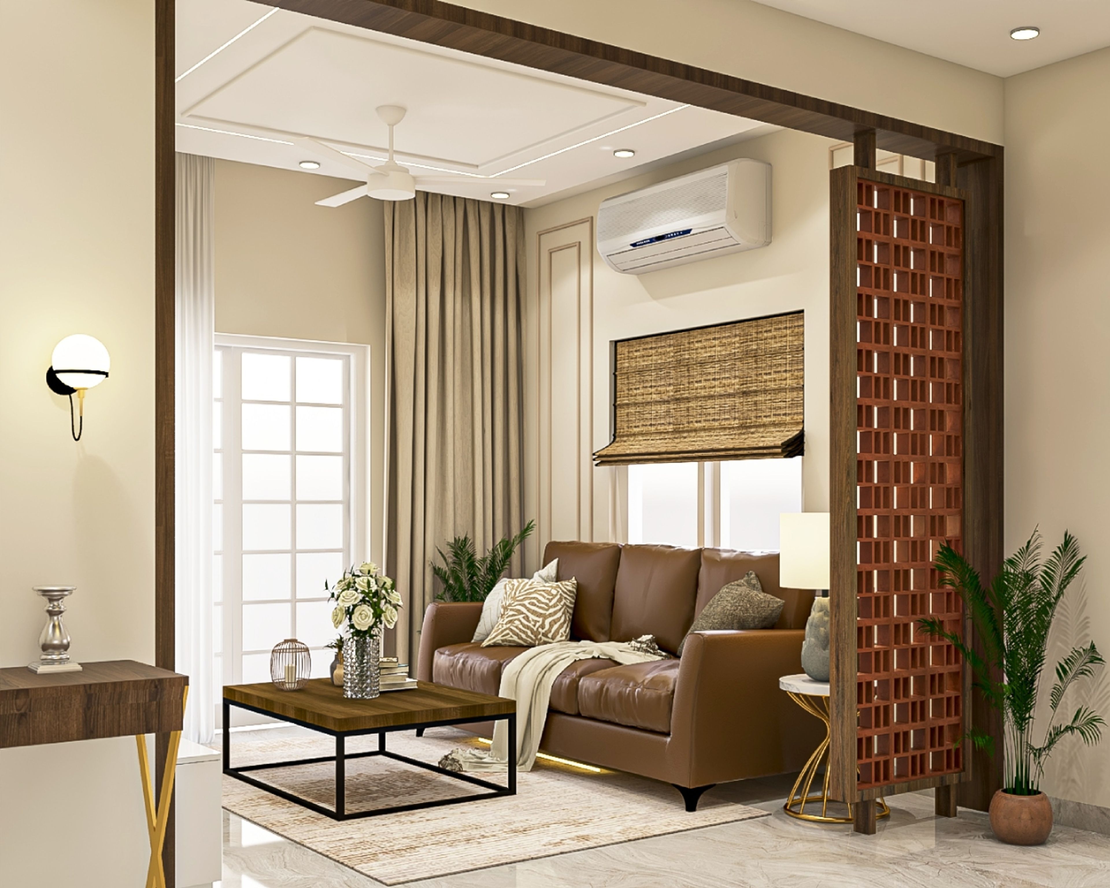 Living Room Design With Brown Leather Sofa - Livspace