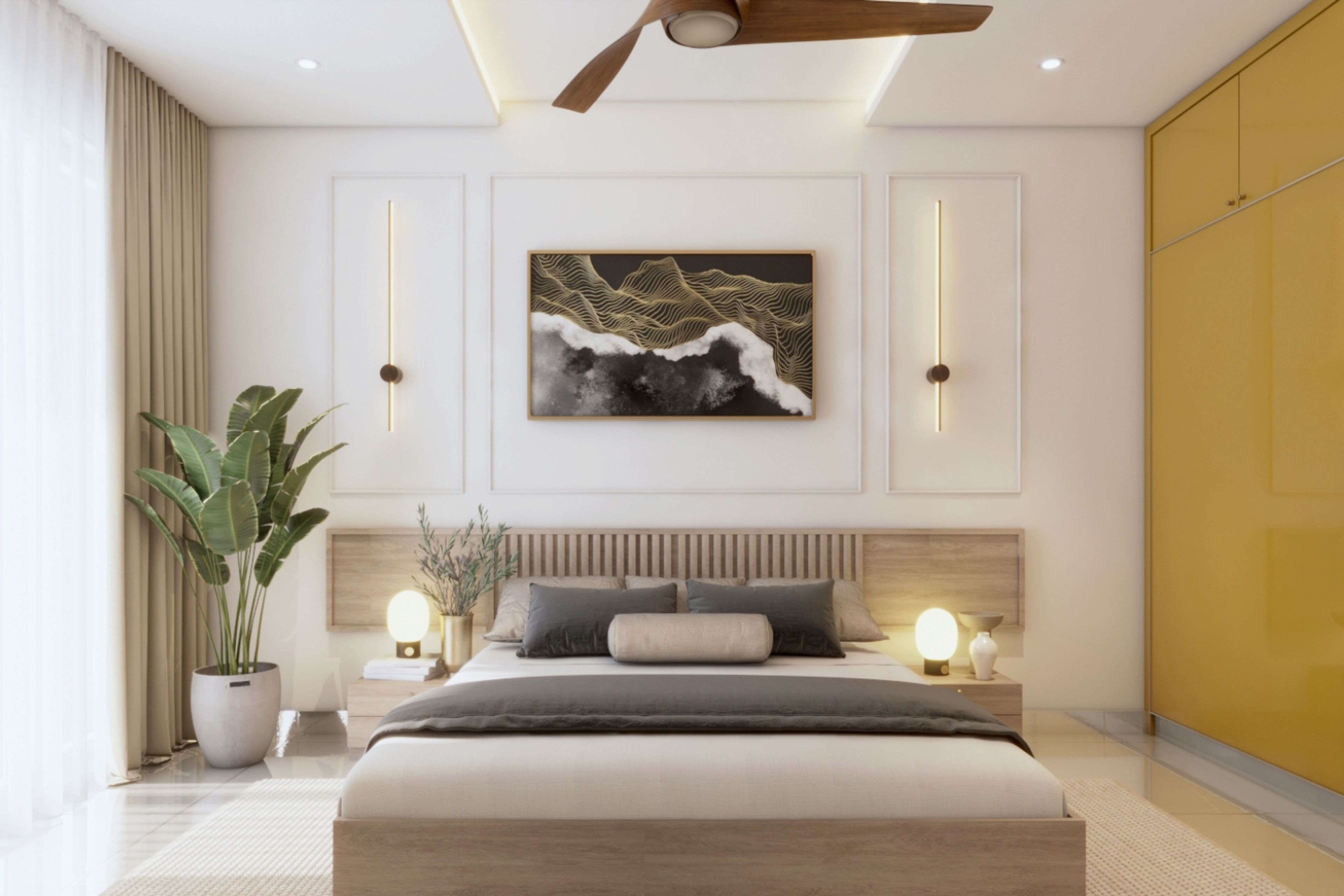 Modern Master Bedroom Design With Glossy Mustard Yellow Sliding Wardrobe