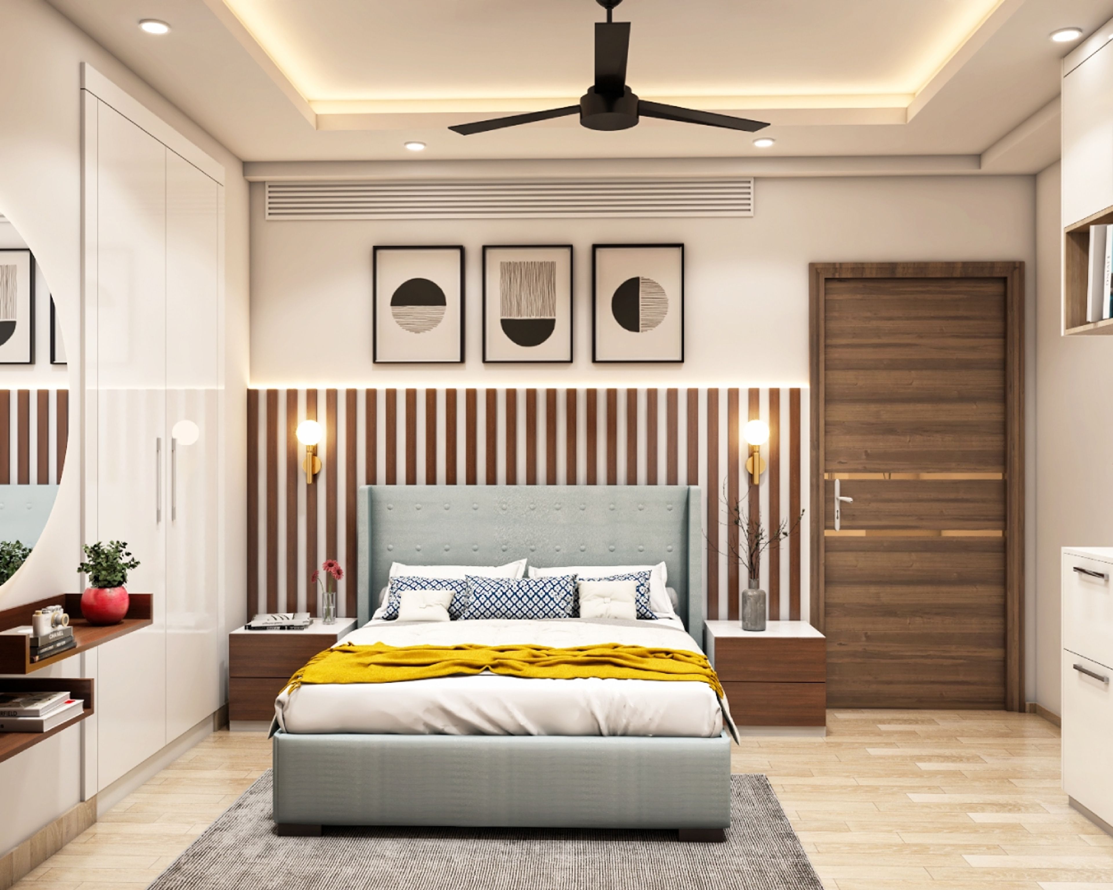 Modern Master Bedroom Design With Grey Headboard And Wooden Wall Panels