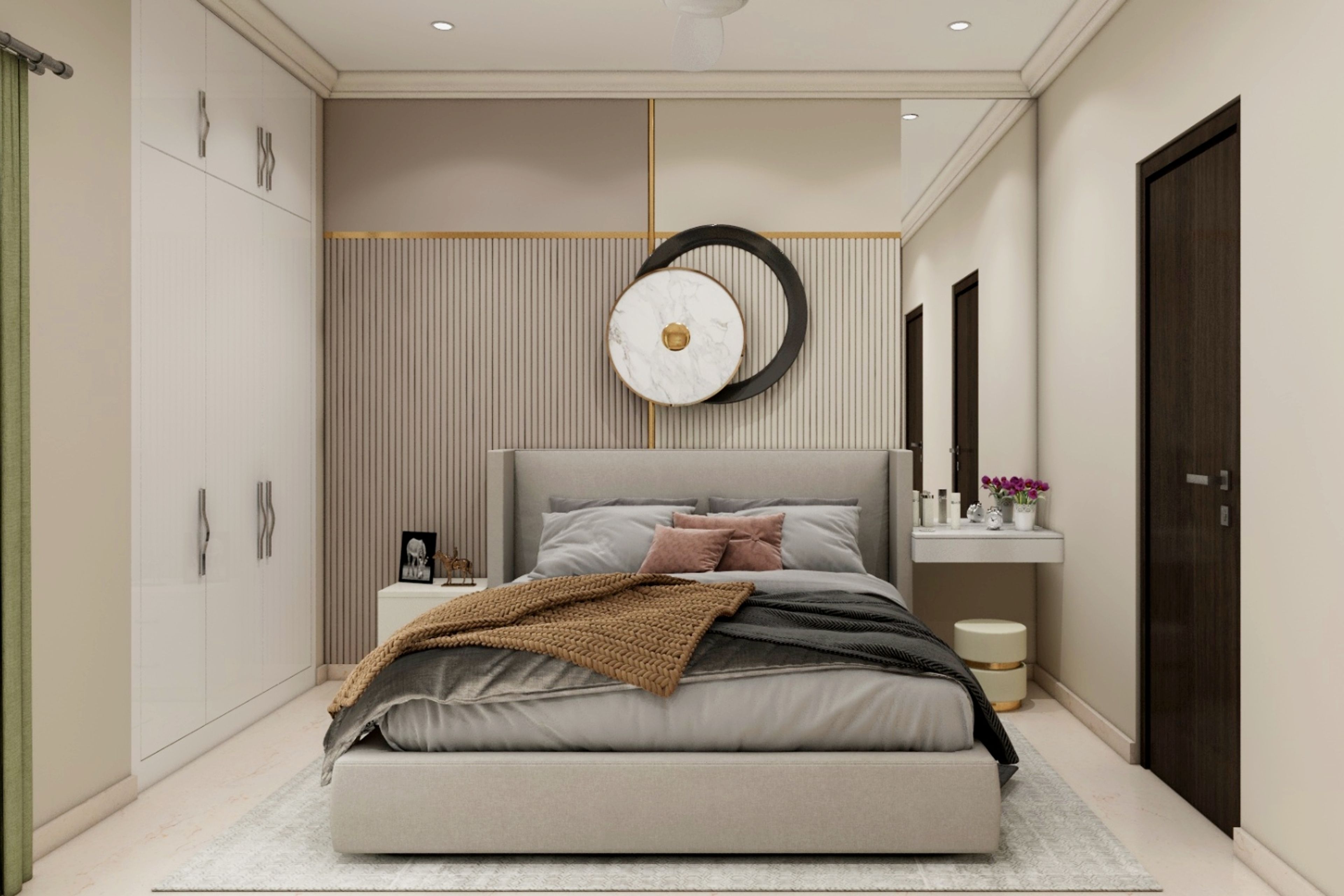 Contemporary Master Bedroom Design With Beige And Brown Accent Wall And Fluted Panelling