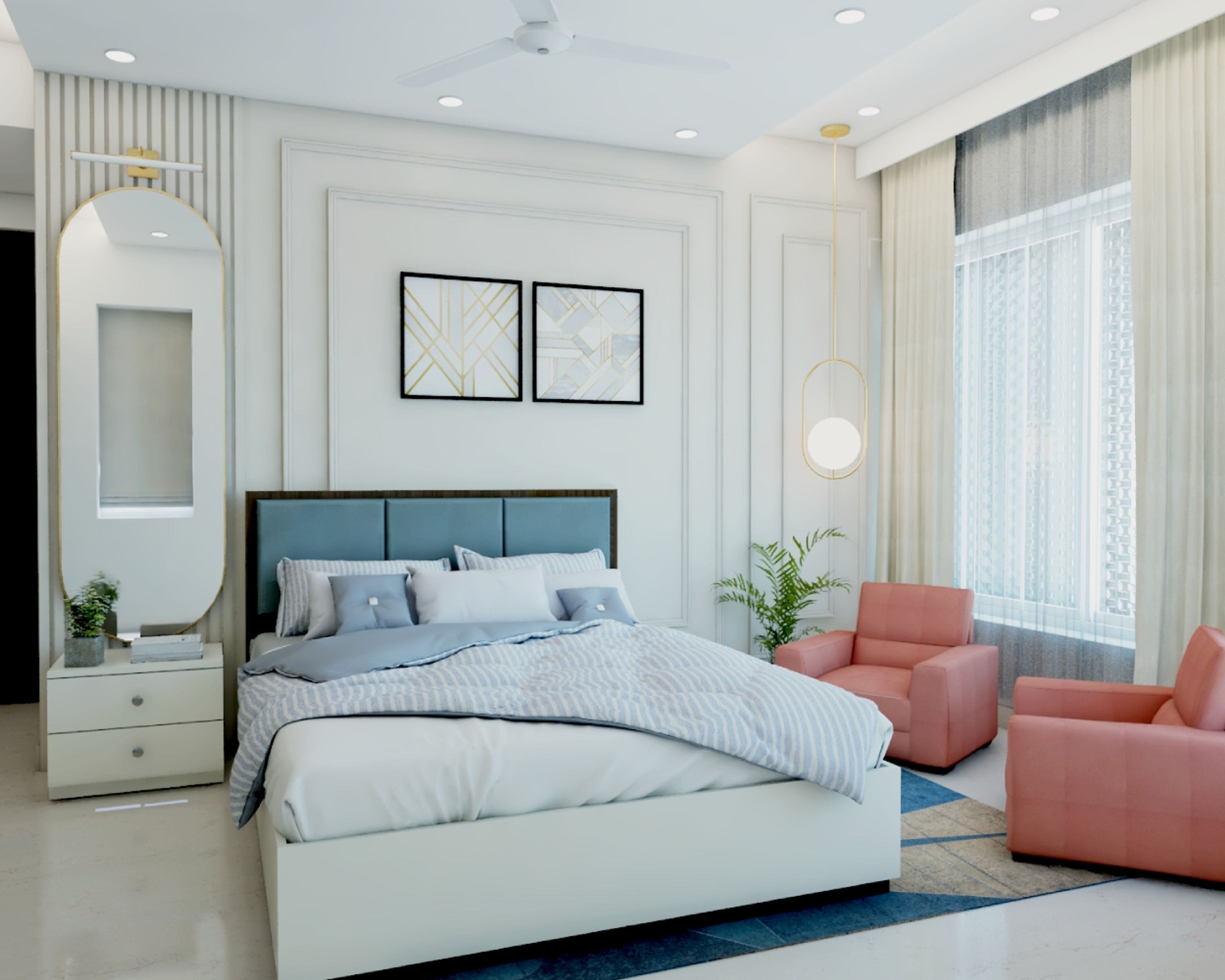 Contemporary Master Bedroom Design With Blue Headboard And Peach Accent Chairs