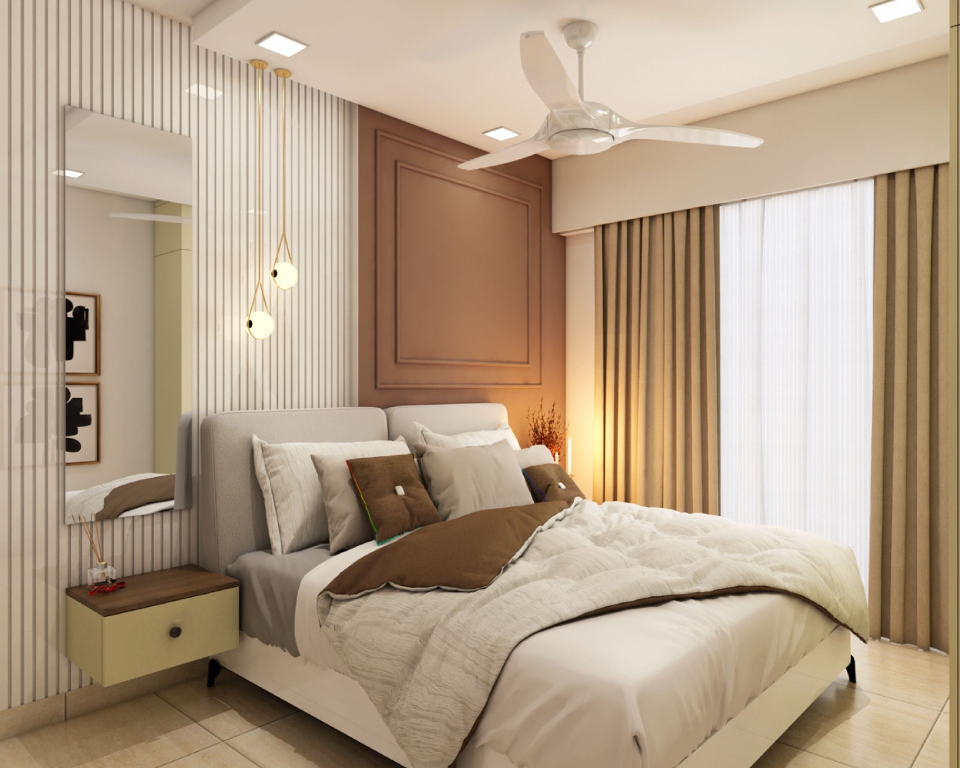 Modern Master Bedroom Design With Yellow Sliding Wardrobe