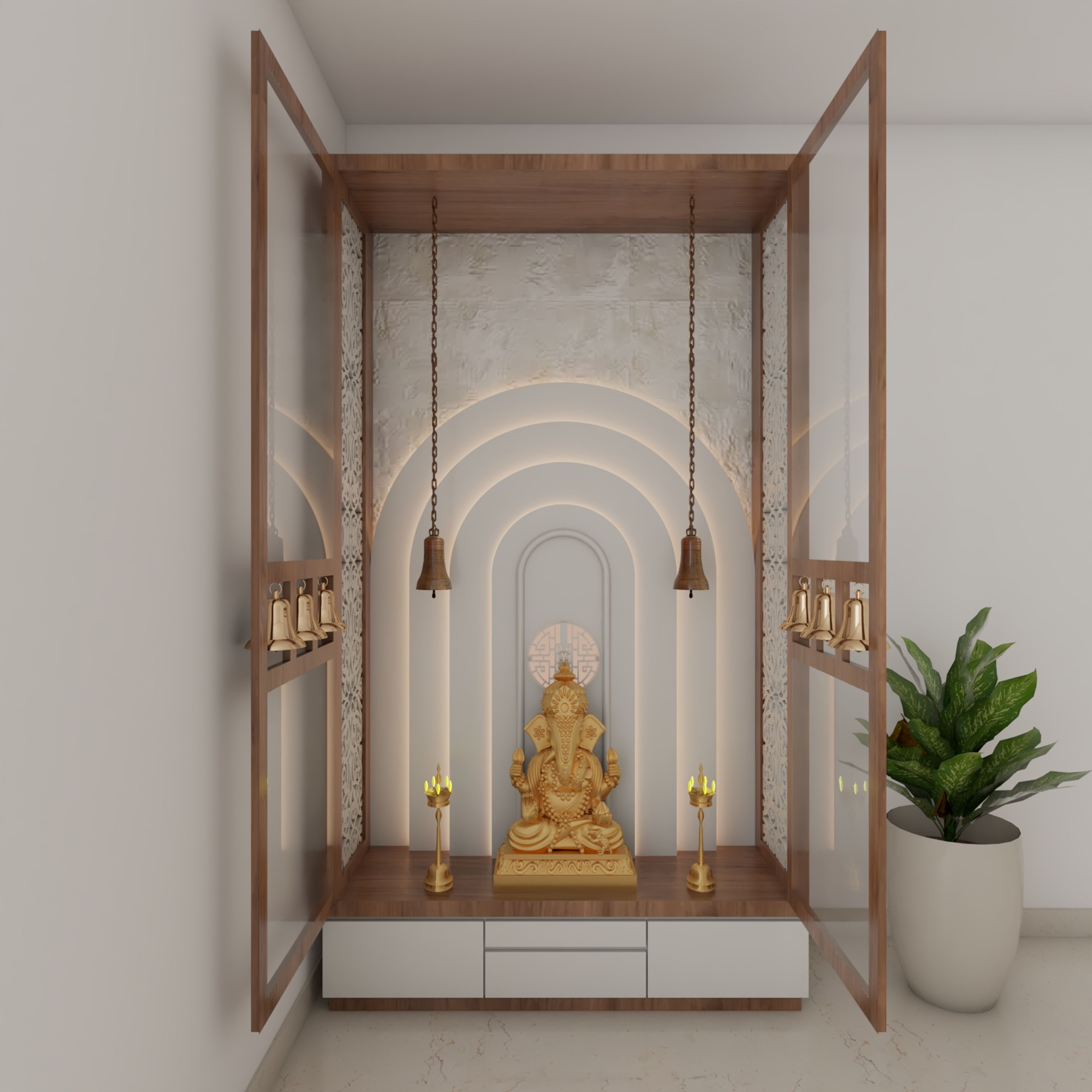 Contemporary White And Wood Pooja Room Design With Floor-Mounted Vanity Unit