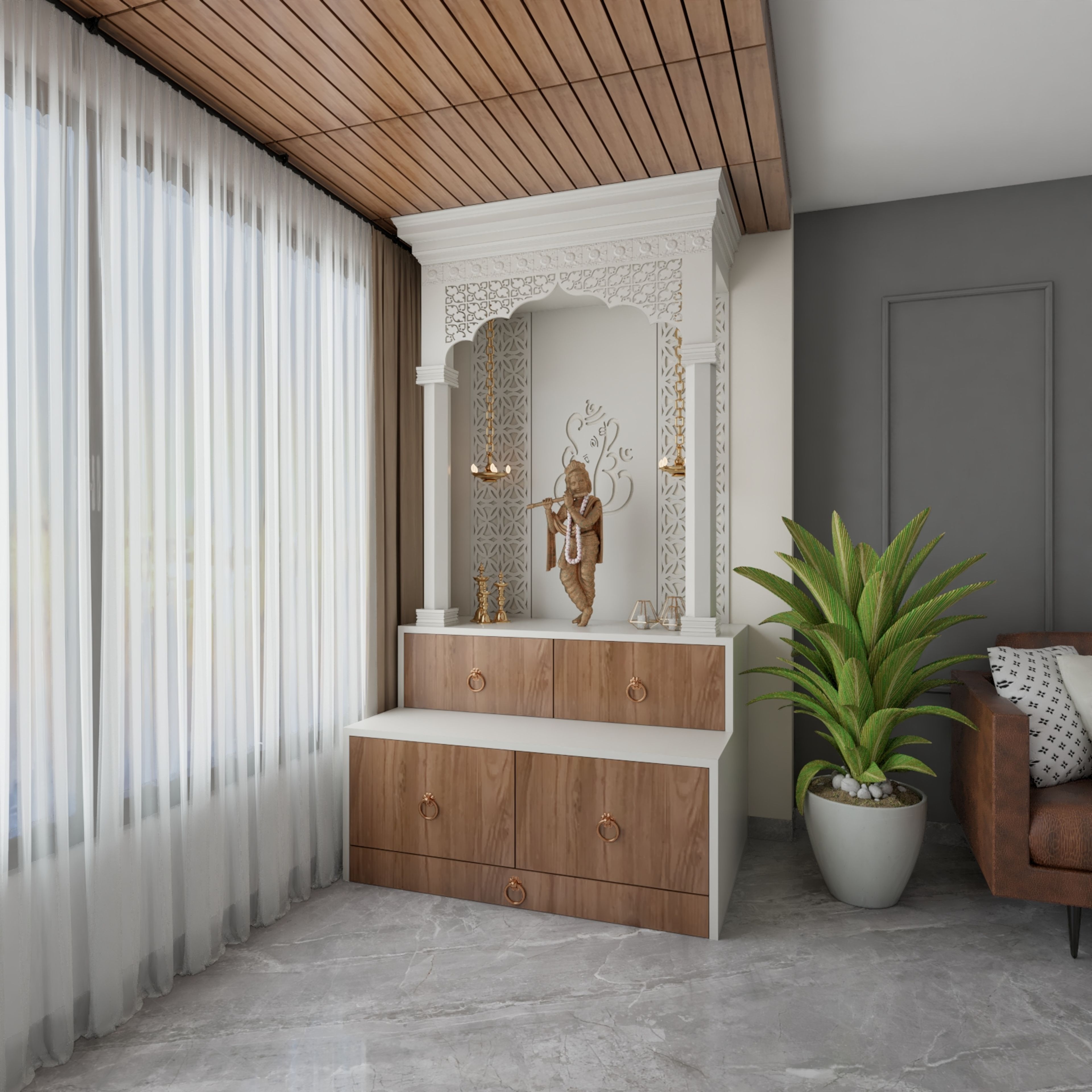 Traditional Pooja Room Design With Floor Mounted Unit