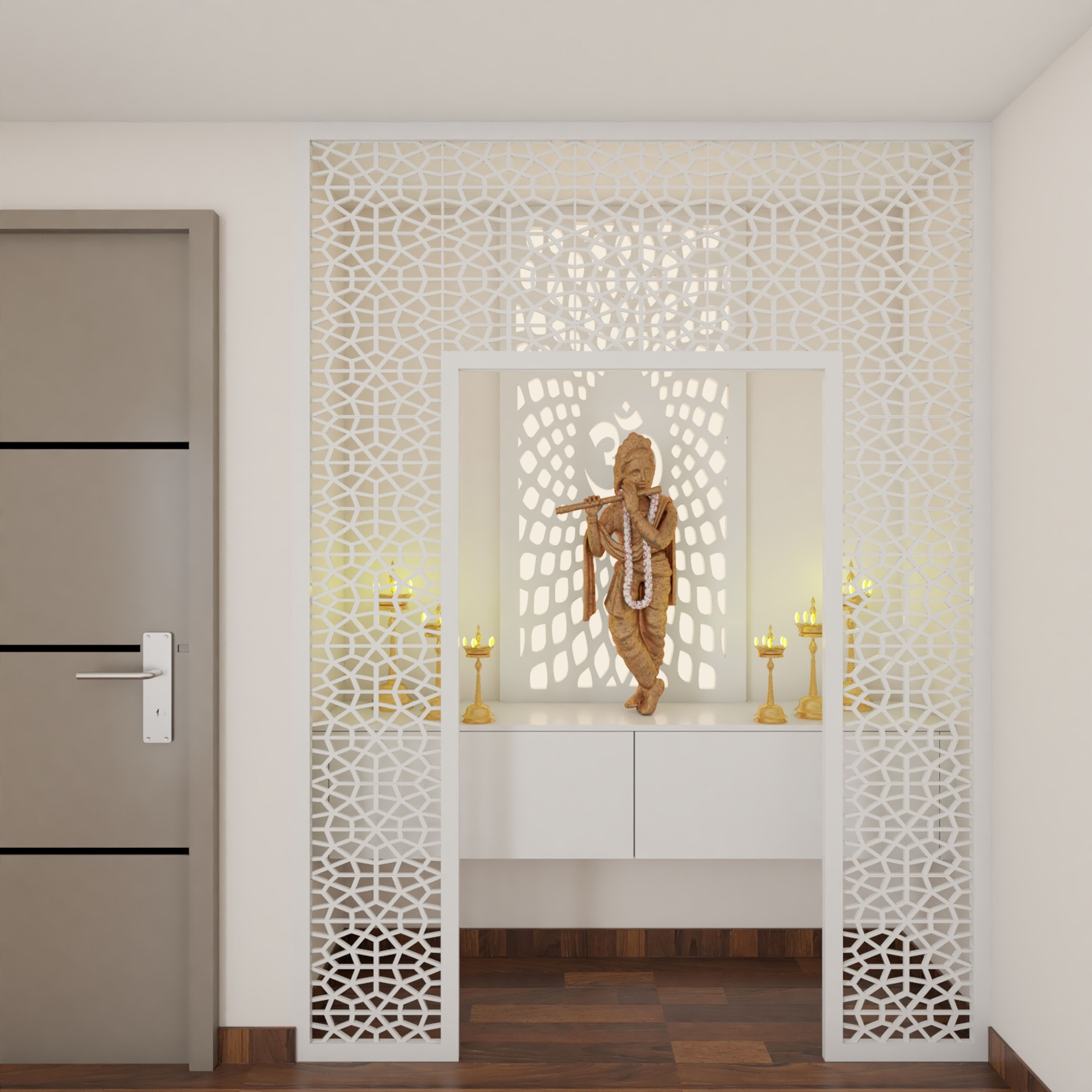 Modern Frosty White Pooja Room Design With Om Mandala Wall Panel