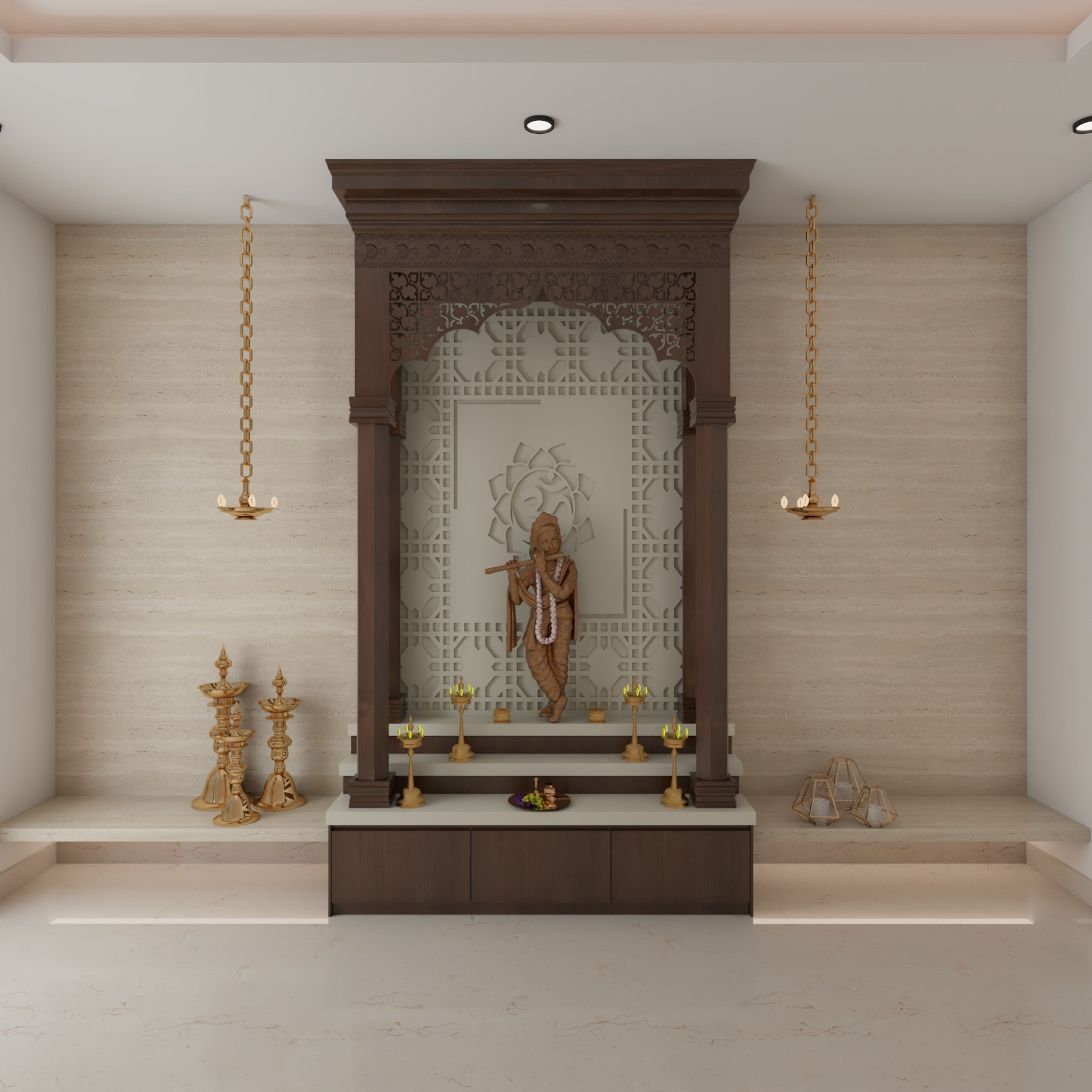 Traditional Crescent Acacia Floor-Mounted Pooja Room Design
