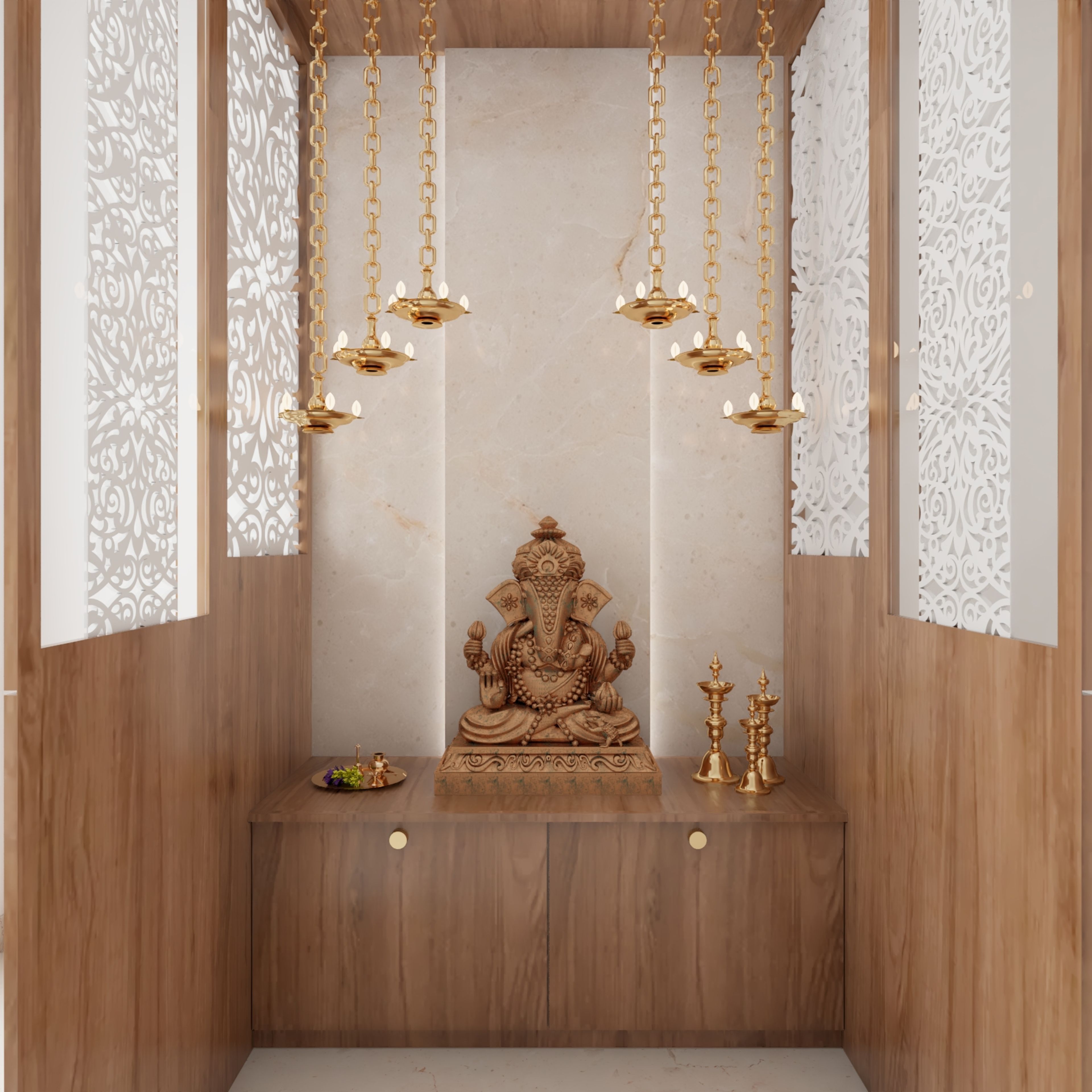 Contemporary Walnut-Toned Pooja Room Design With Open Shutters