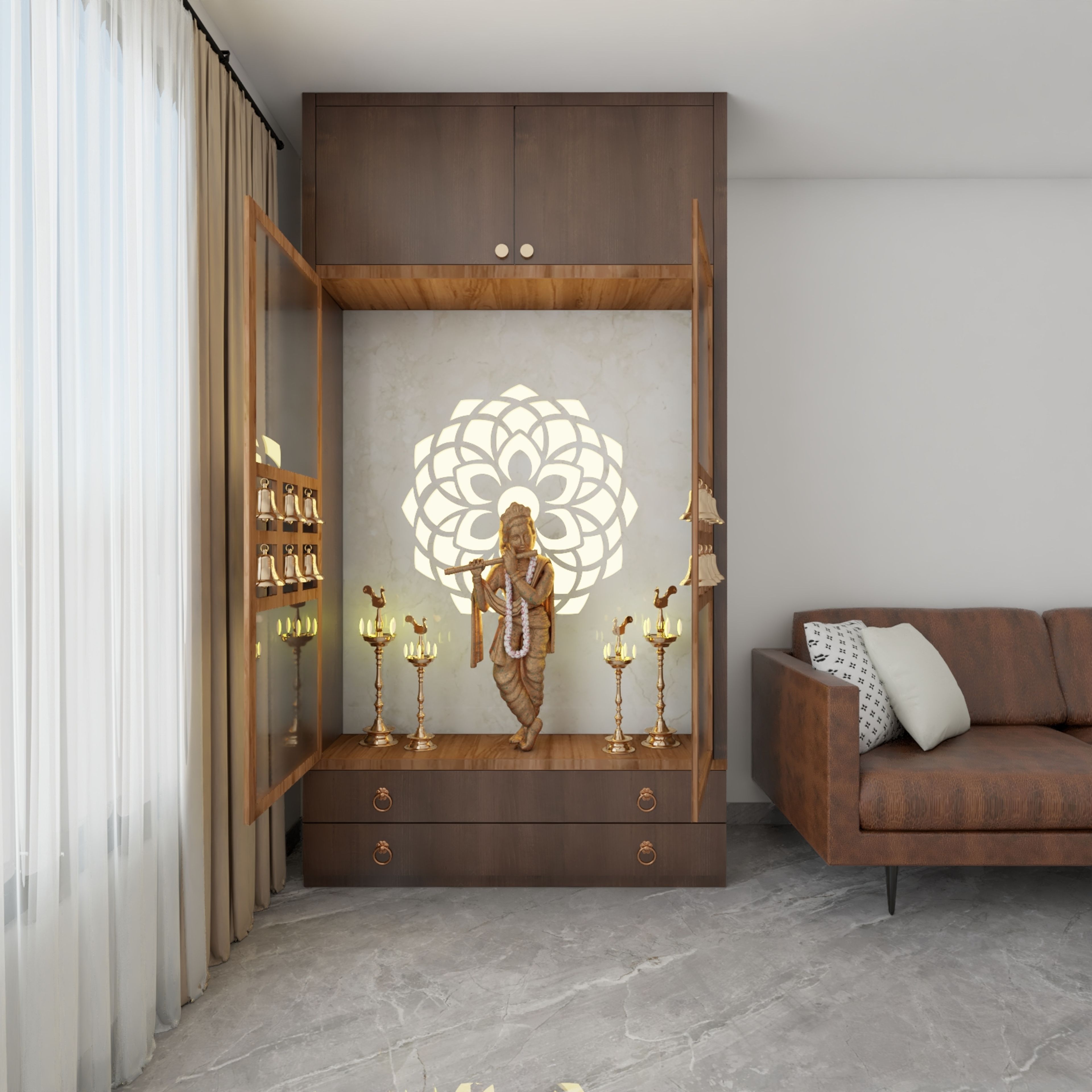 Modern Wooden Floor-Mounted Pooja Room Design With Mandala Design