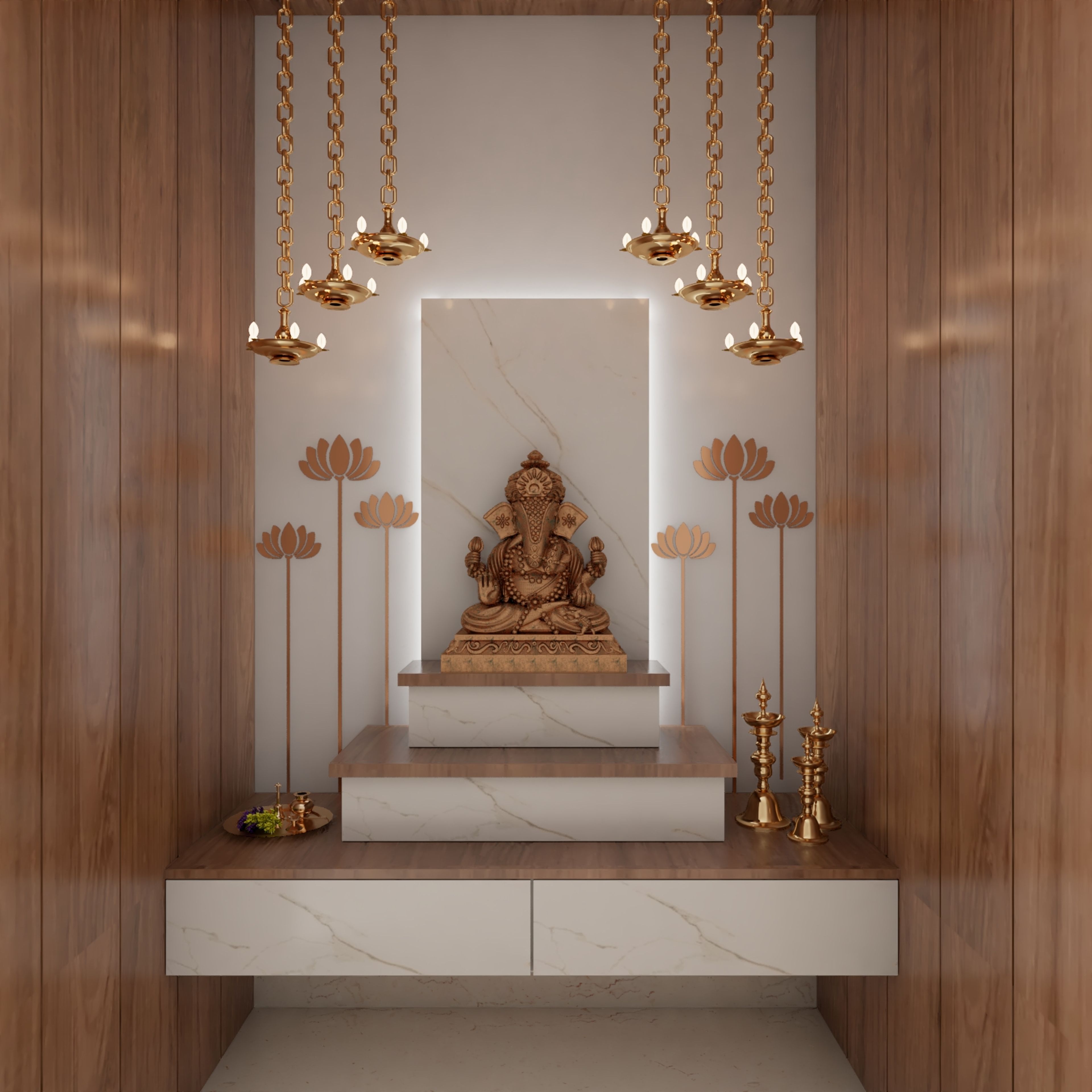 Modern Mandir Unit Design With LED Wall And Lotus Motifs