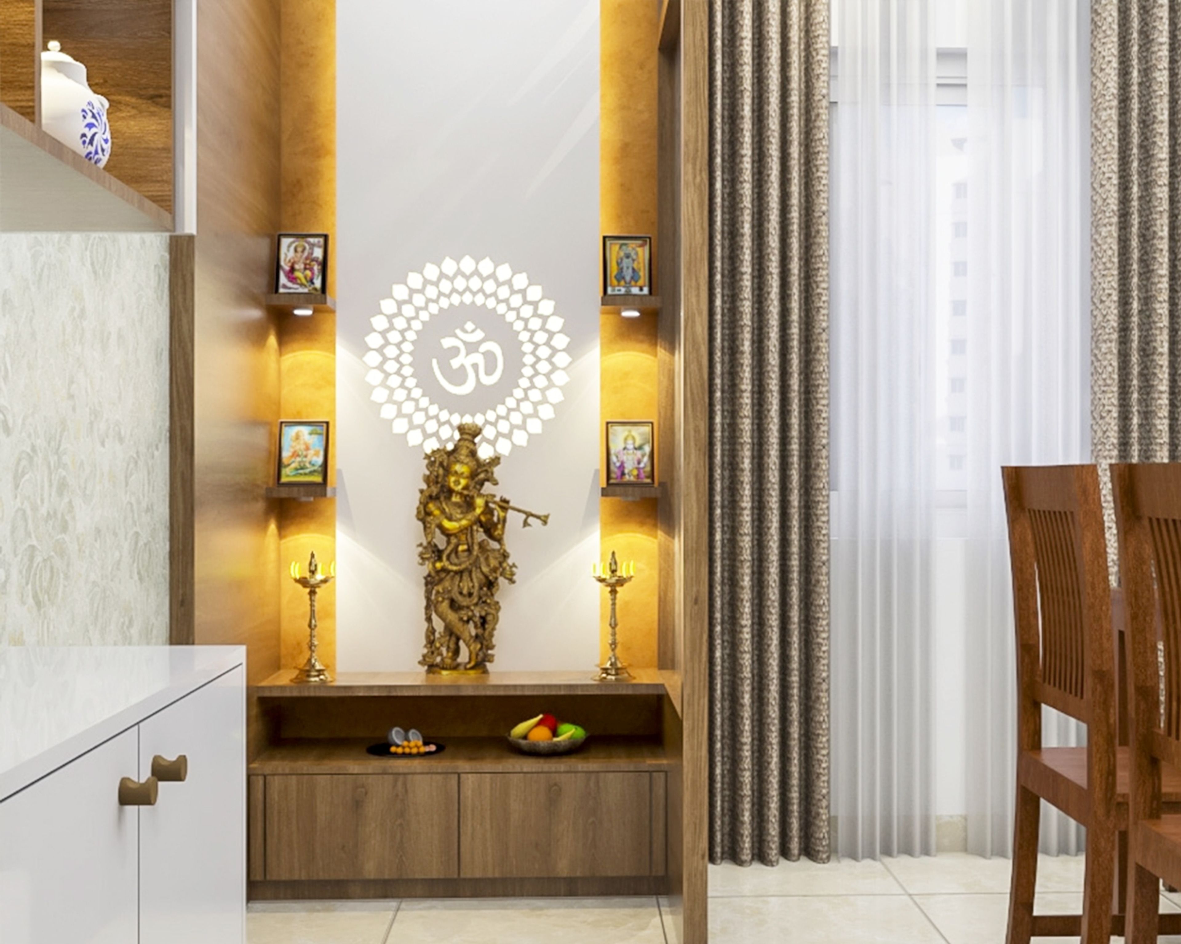 Modern Teak And Frosty White Pooja Room Design With Om Mandala