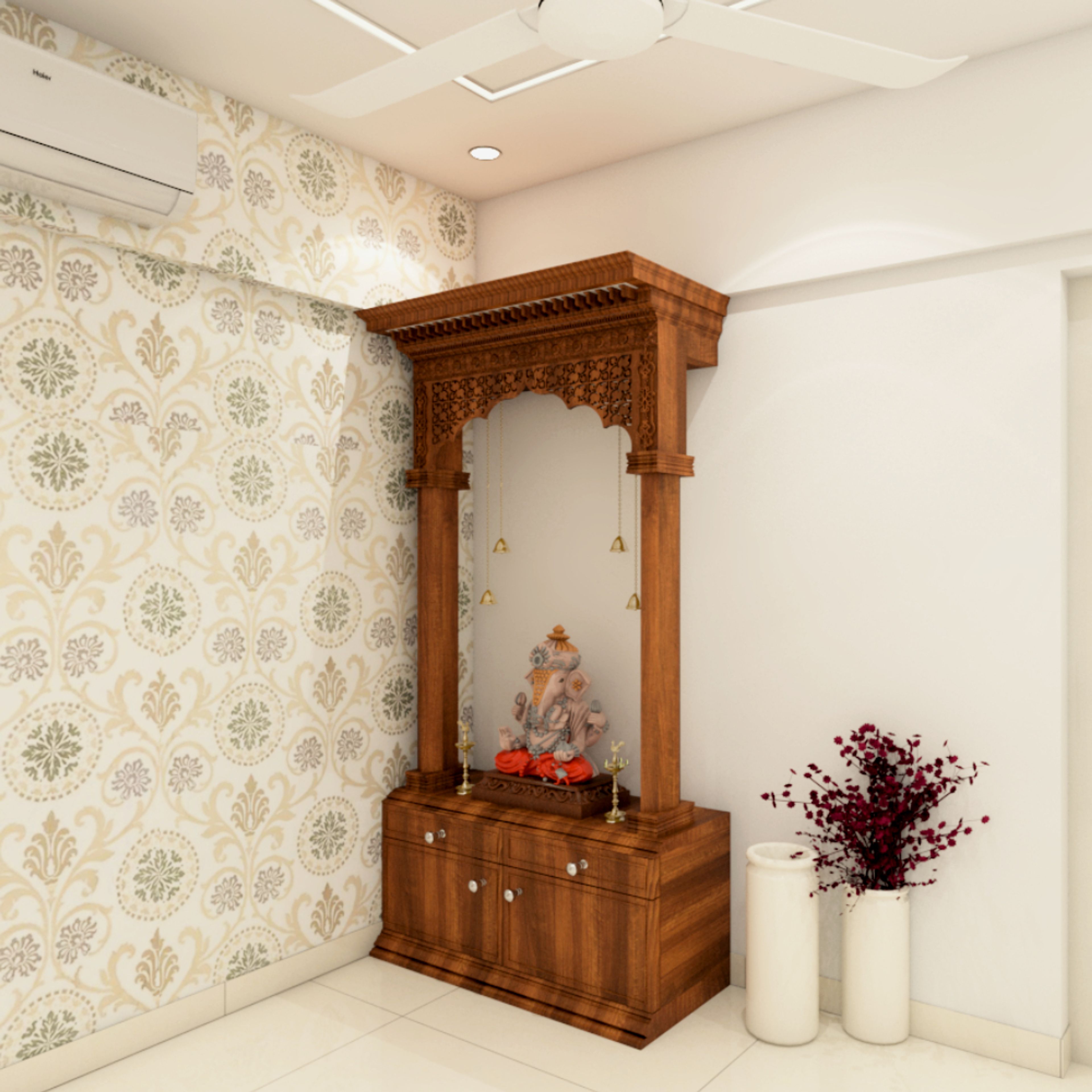 Traditional Pooja Unit Design With Walnut Bronze Floor-Mounted Unit