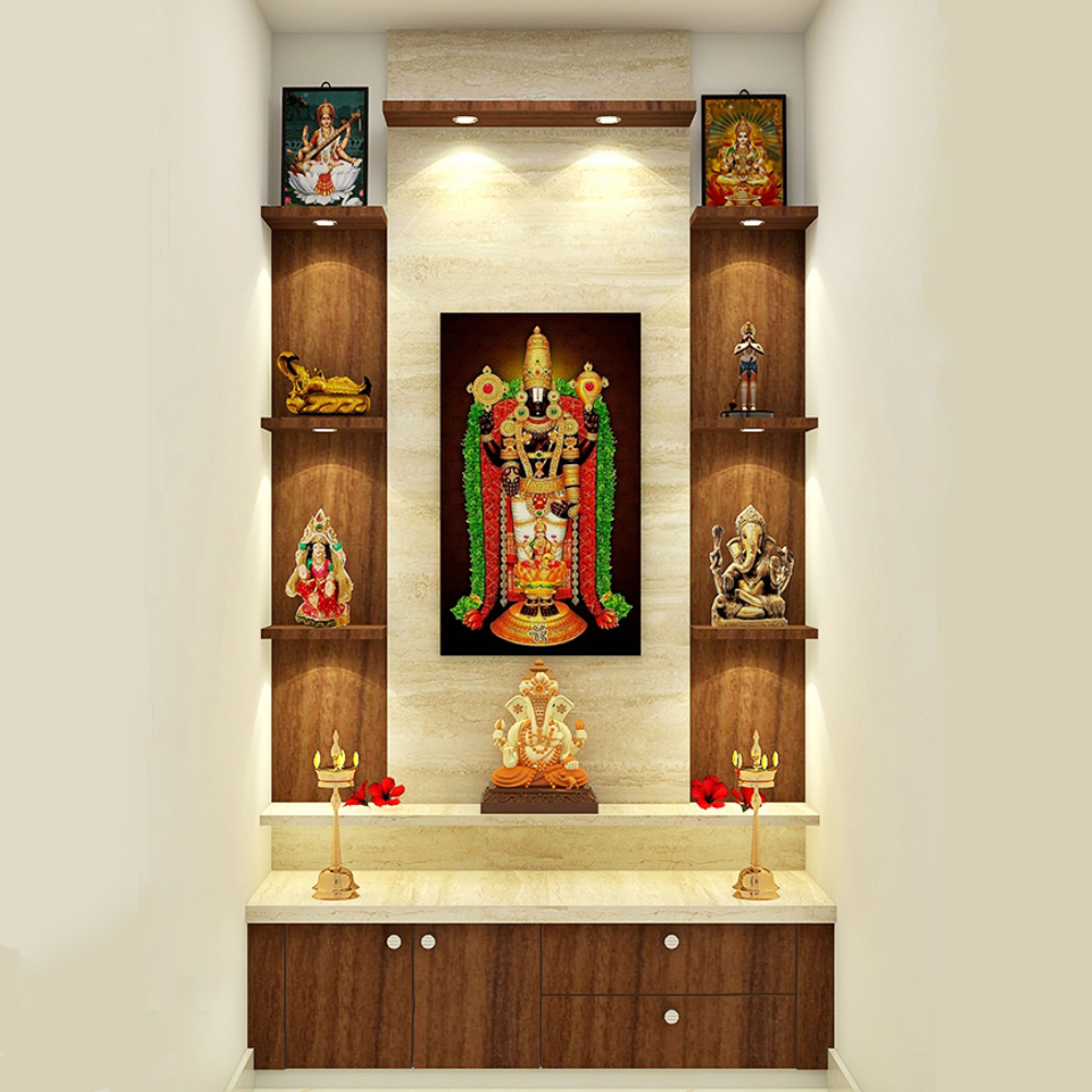 Modern Teak And Persian Walnut Pooja Room Design With Om Mandala