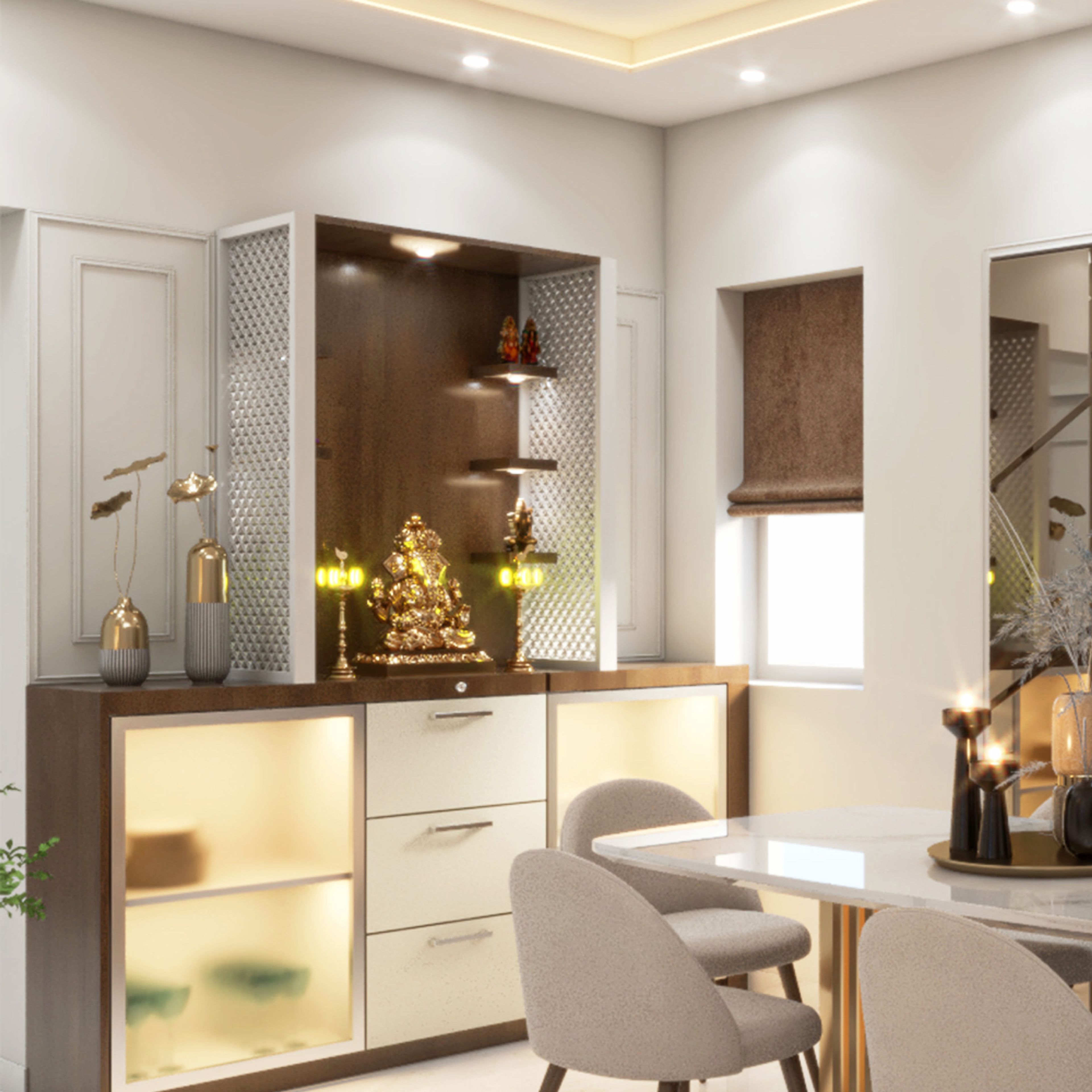 Modern White And Wood Mandir Unit Design With CNC Cut Side Panels