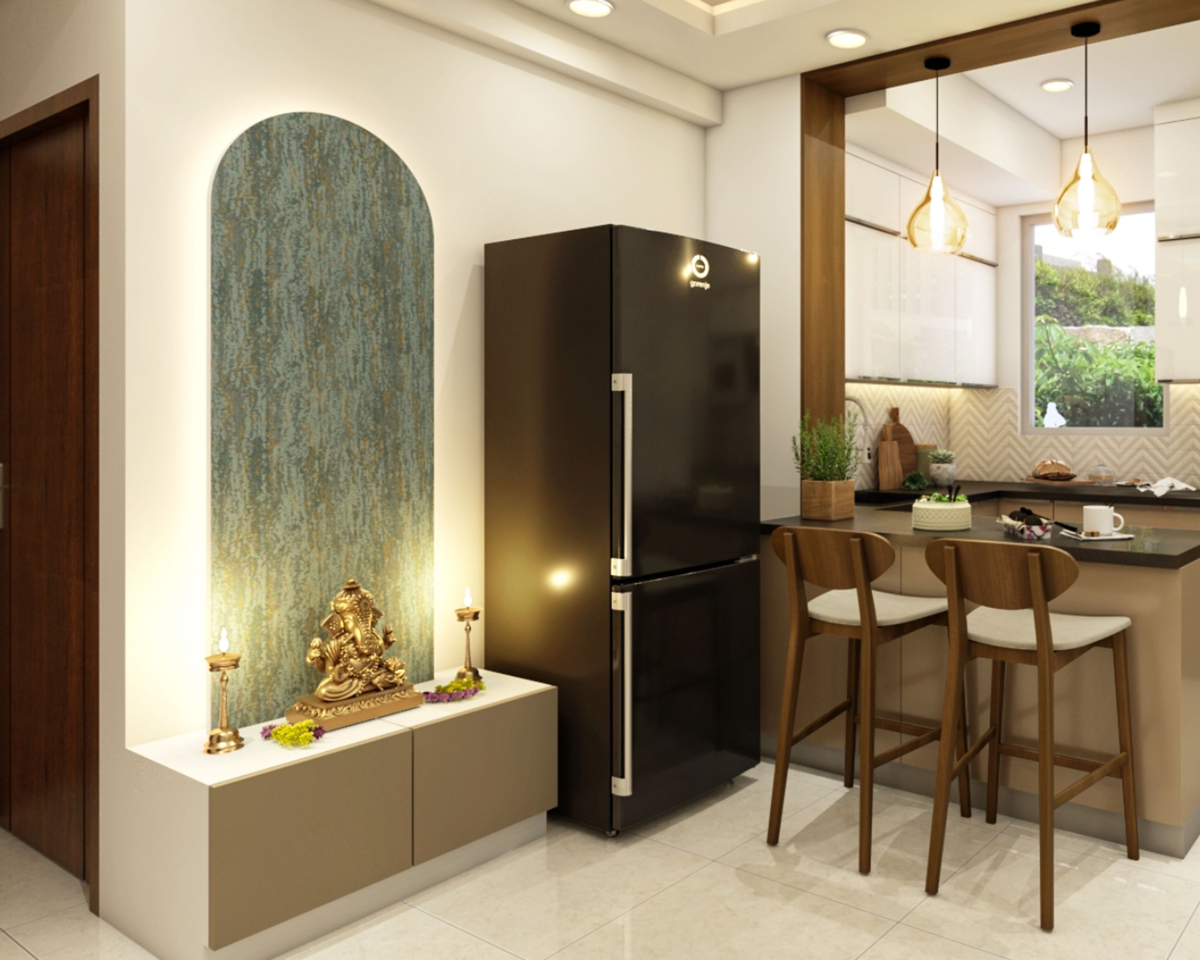 Contemporary Pumic Grey Pooja Room Design With Arched Wall Panel