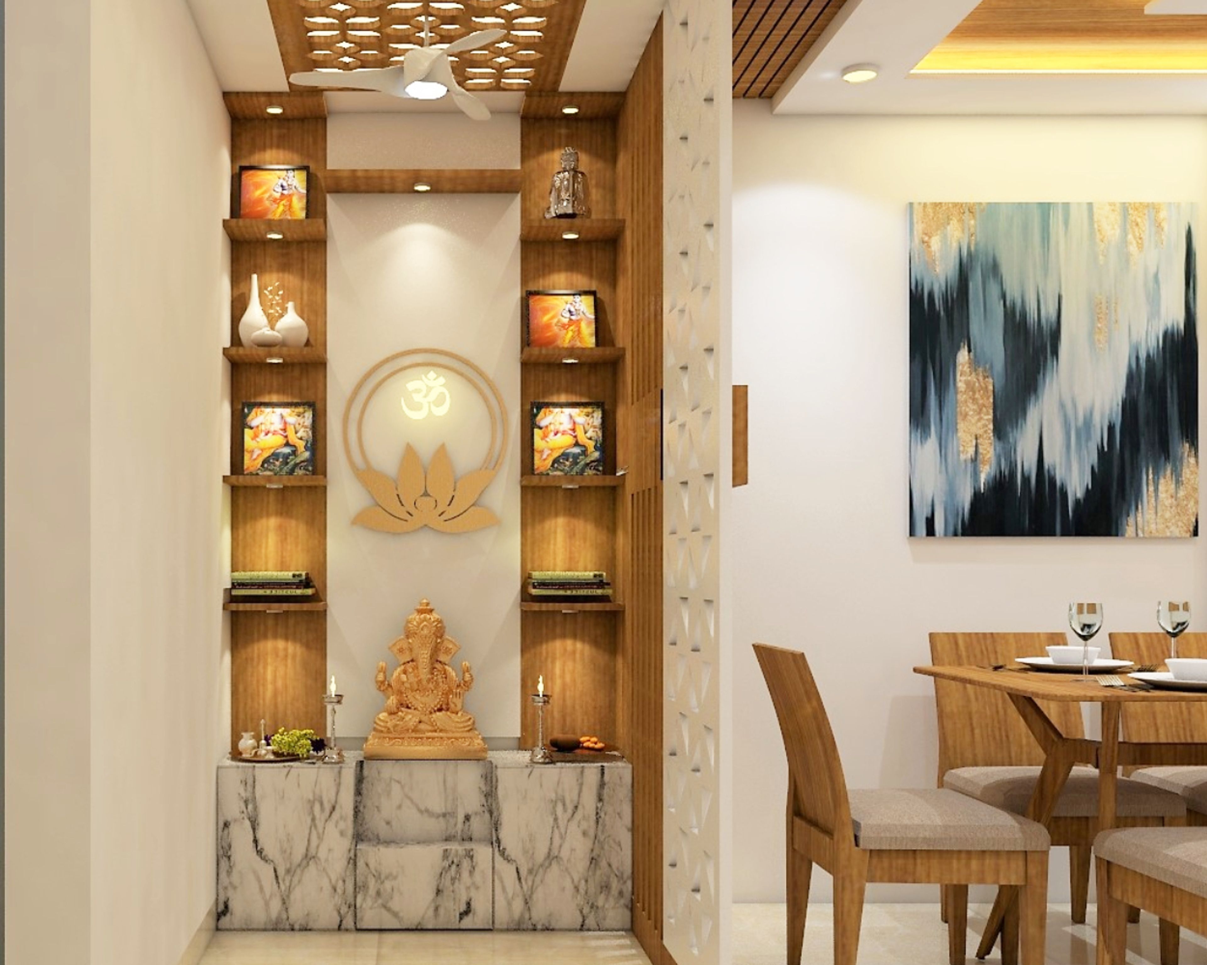 Contemporary Mandir Unit Design With CNC Cut Floral False Ceiling