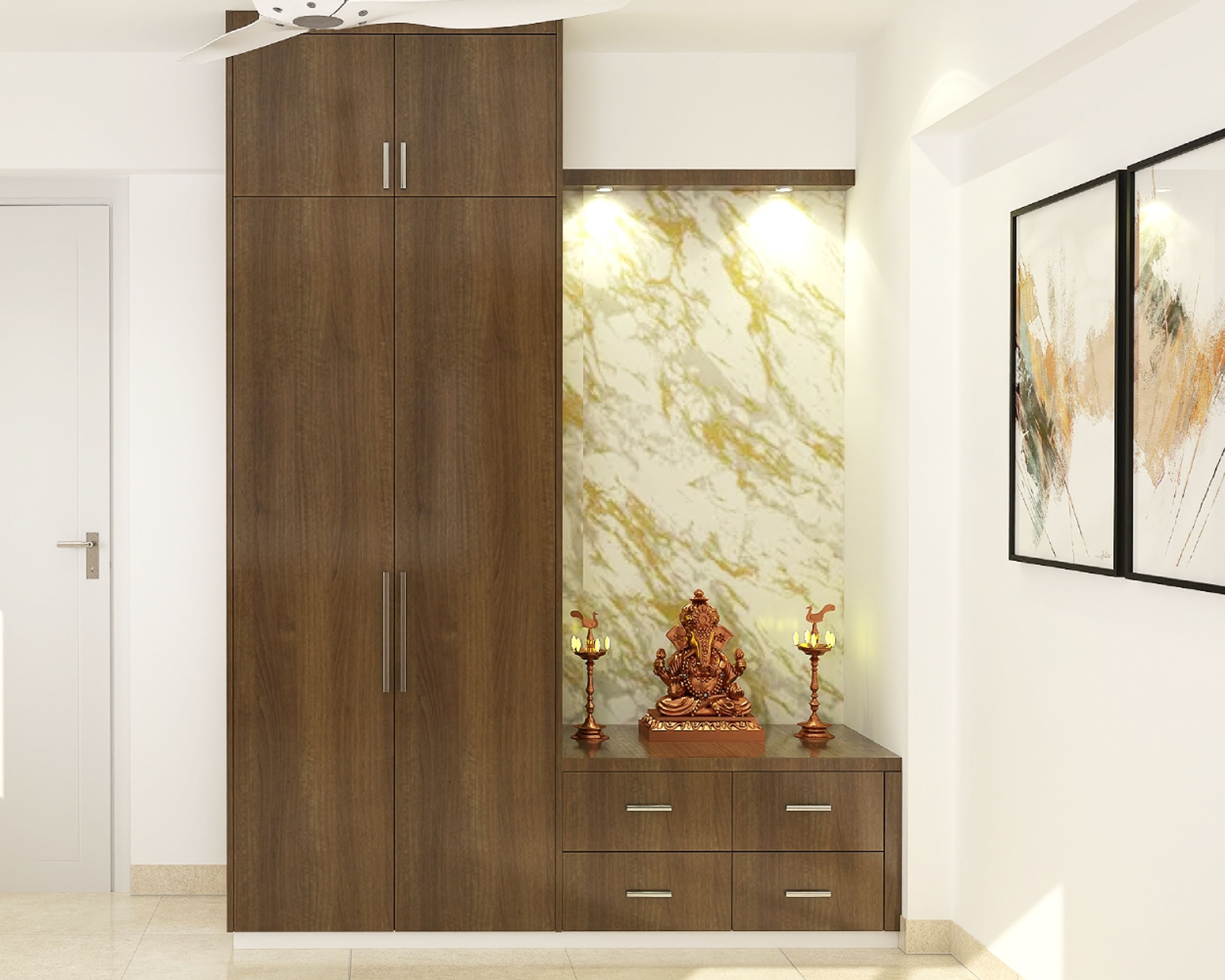 Modern Wooden Mandir Design With Marble Wall Tile
