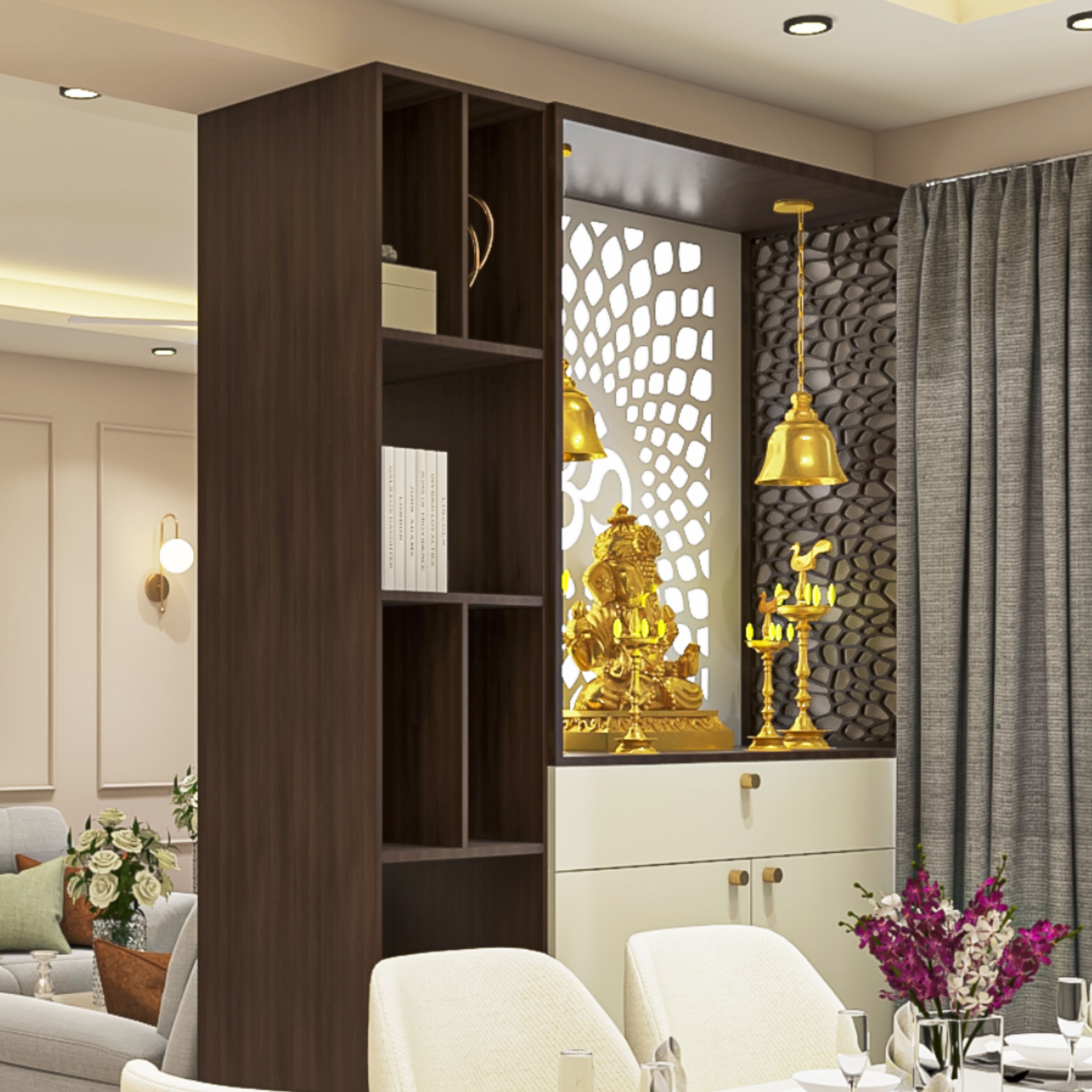 Modern Pooja Room Design With Om Mandala Wall Panel