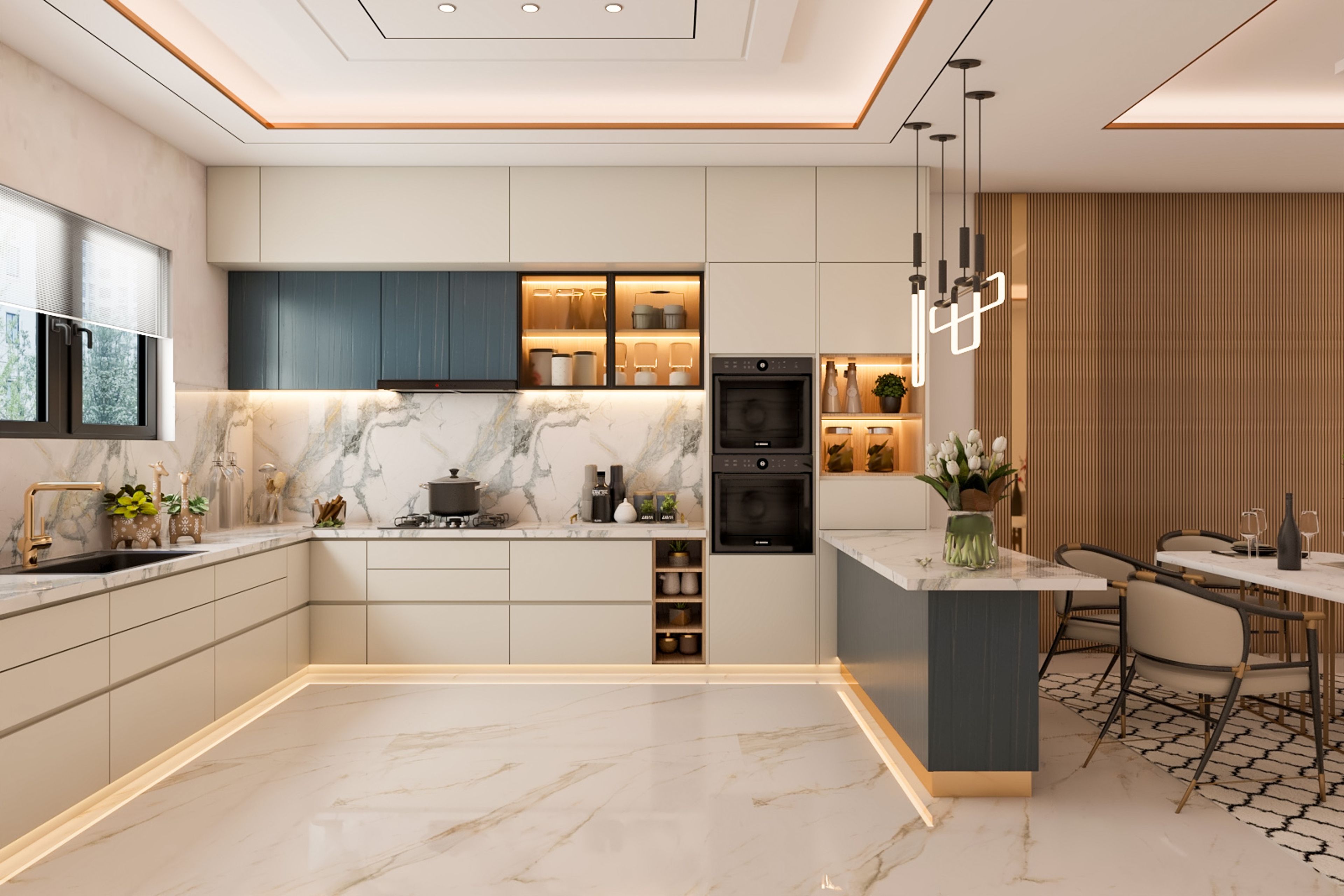 Contemporary White And Teal Blue Modular Kitchen Design With Marble Dado