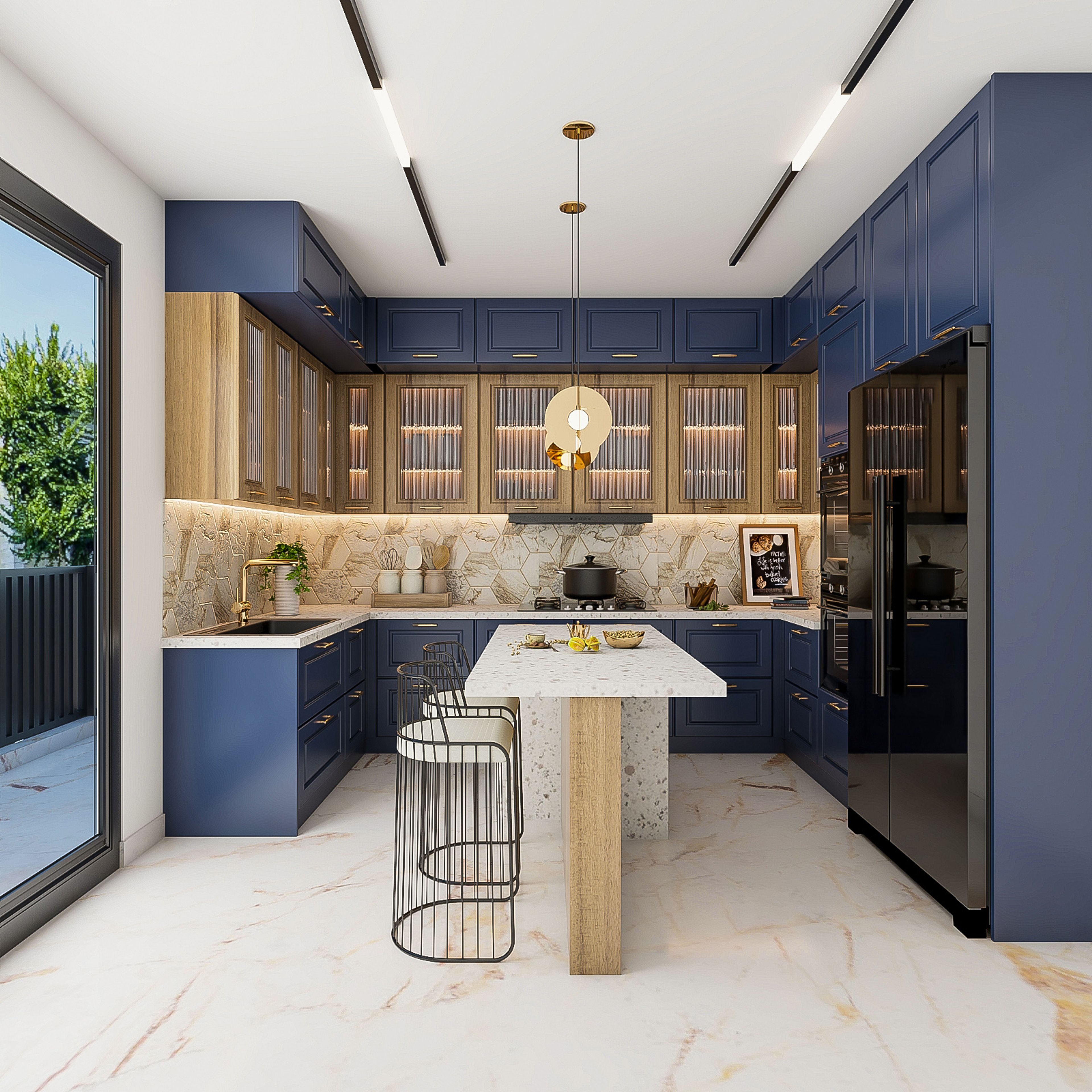 Classic Dark Blue And Wood U Shaped Ktchen Island Design With Frosted Shutters