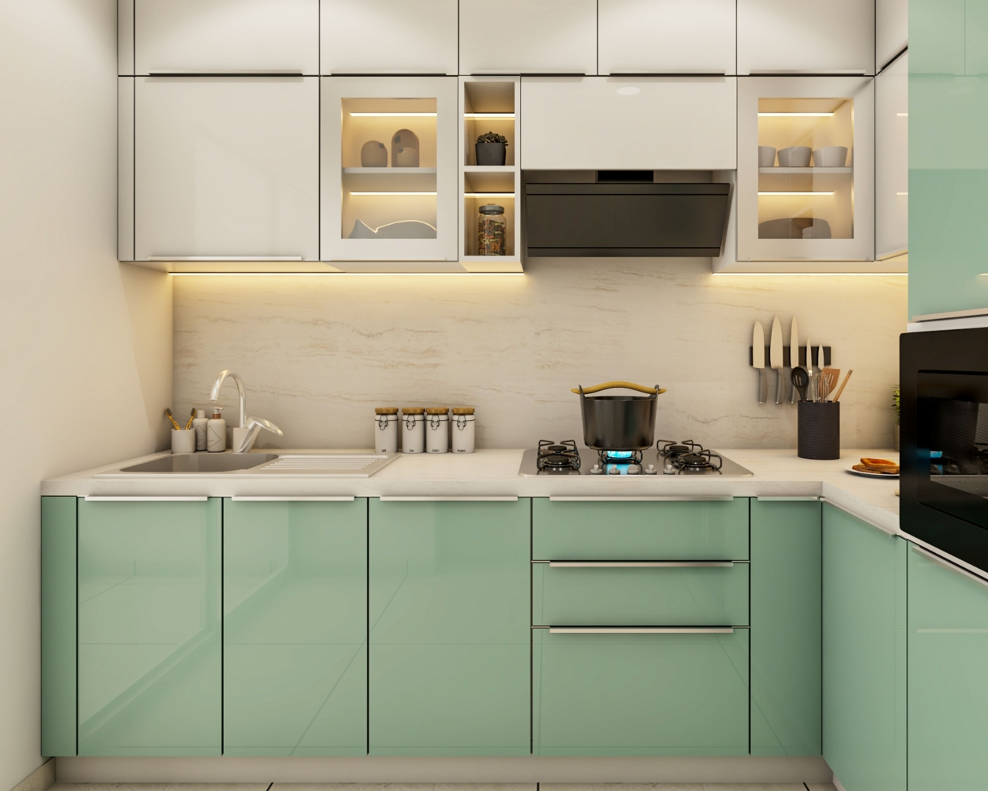 Marble Cream-Toned Kitchen Tile Design - Livspace