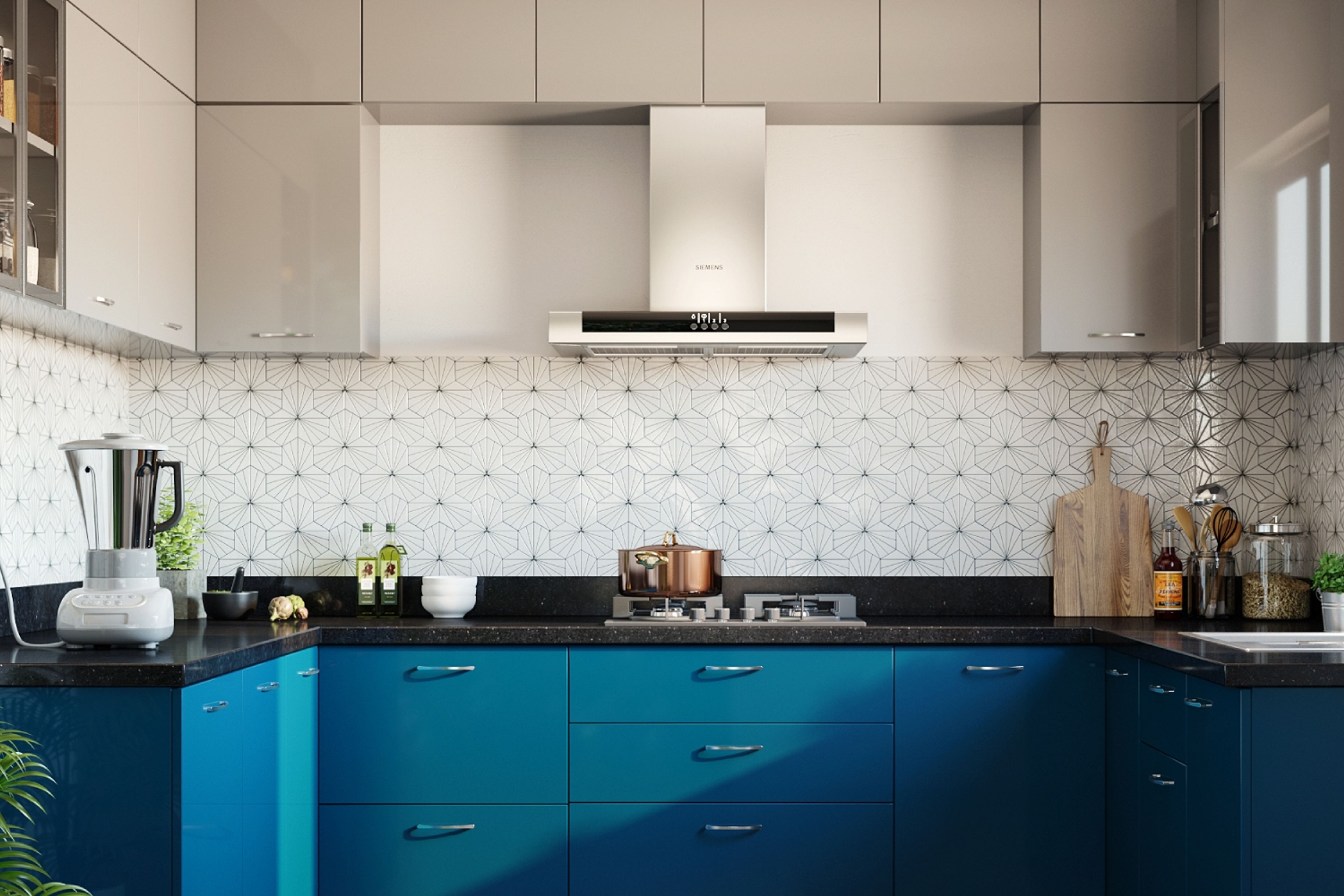Ceramic White And Black High Gloss  Kitchen Tile Design - Livspace