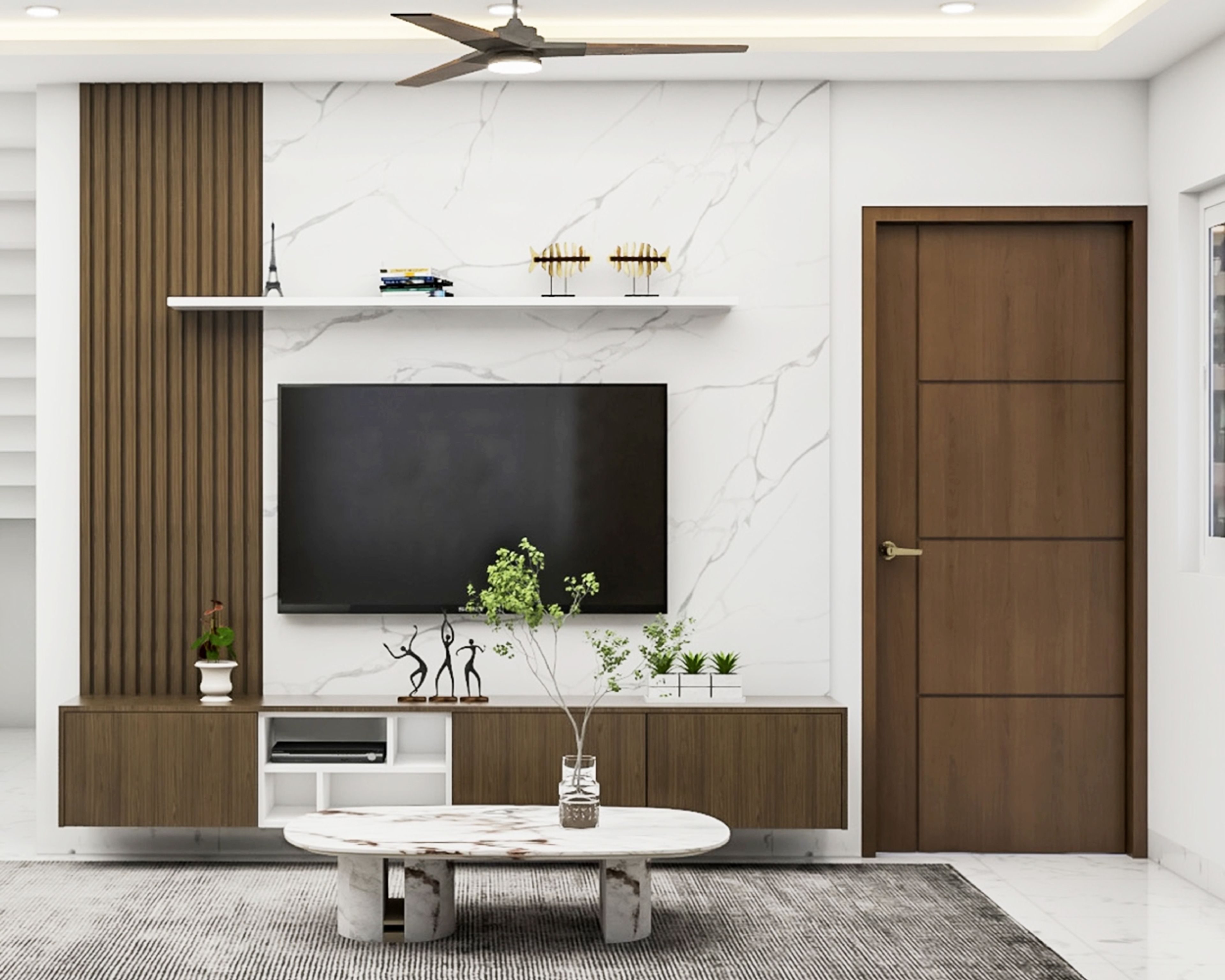 TV Unit Design With Fluted Wooden And Marble Panels - Livspace