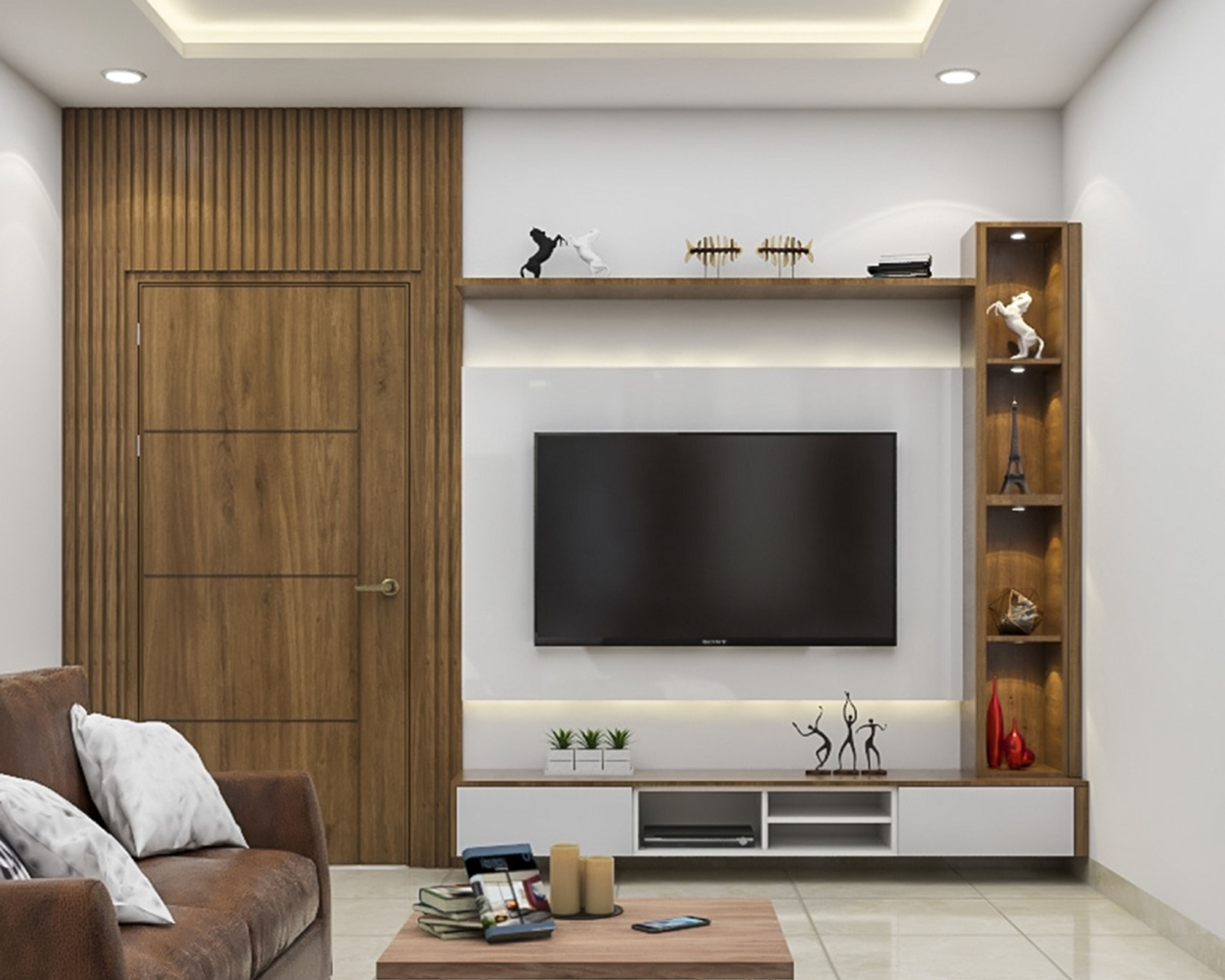 White And Wood TV Unit Design With Long Open Wall Shelf - Livspace