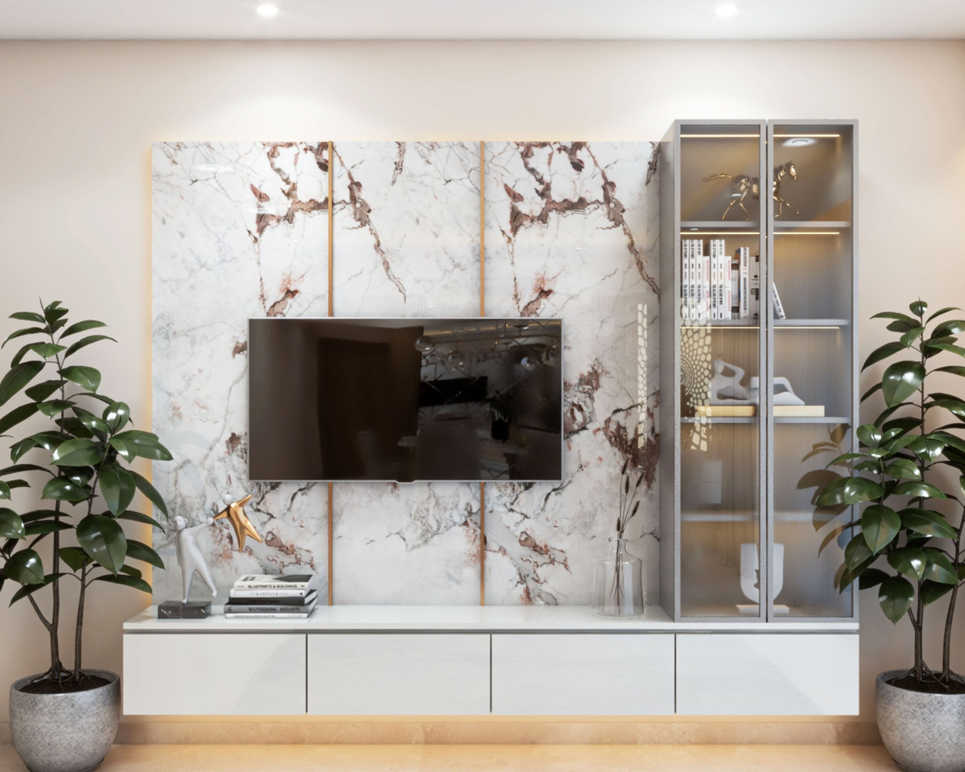 White And Dove Grey TV Unit Design With Closed Storage Unit - Livspace