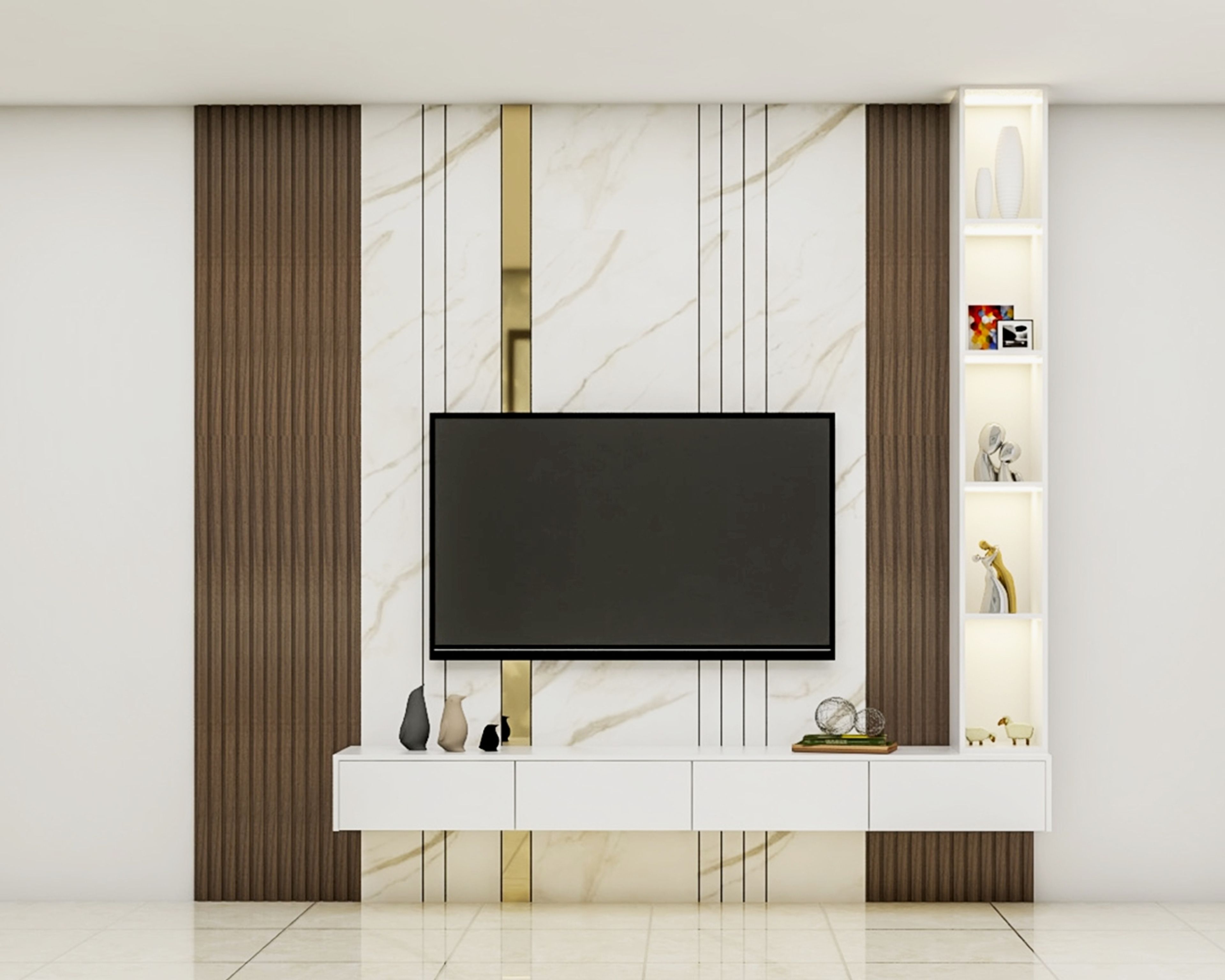 Contemporary Frosty White TV Unit Design With Wooden Panel And Vertical Grooves