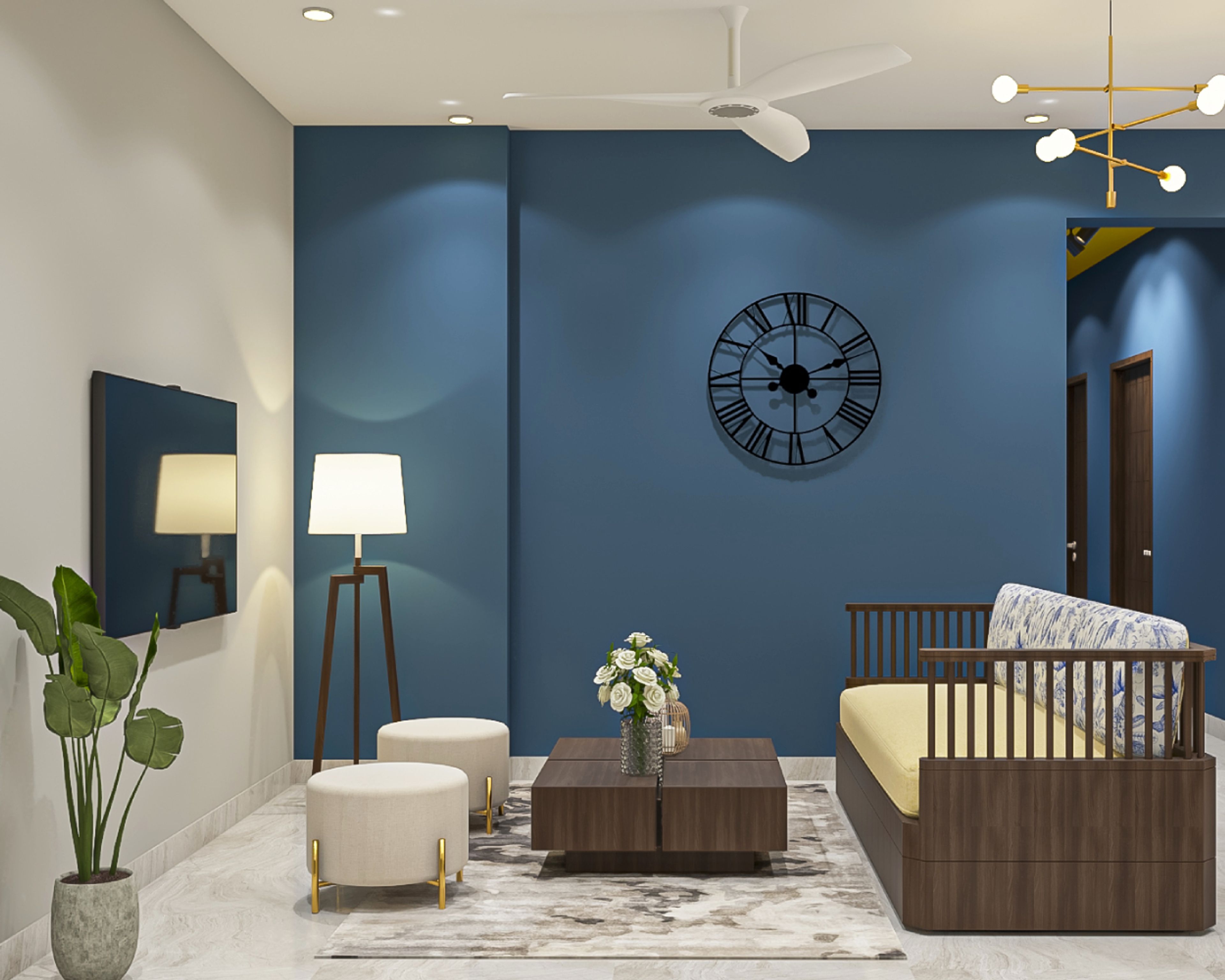 Dark Blue Living Room Wall Paint Design - Livspace