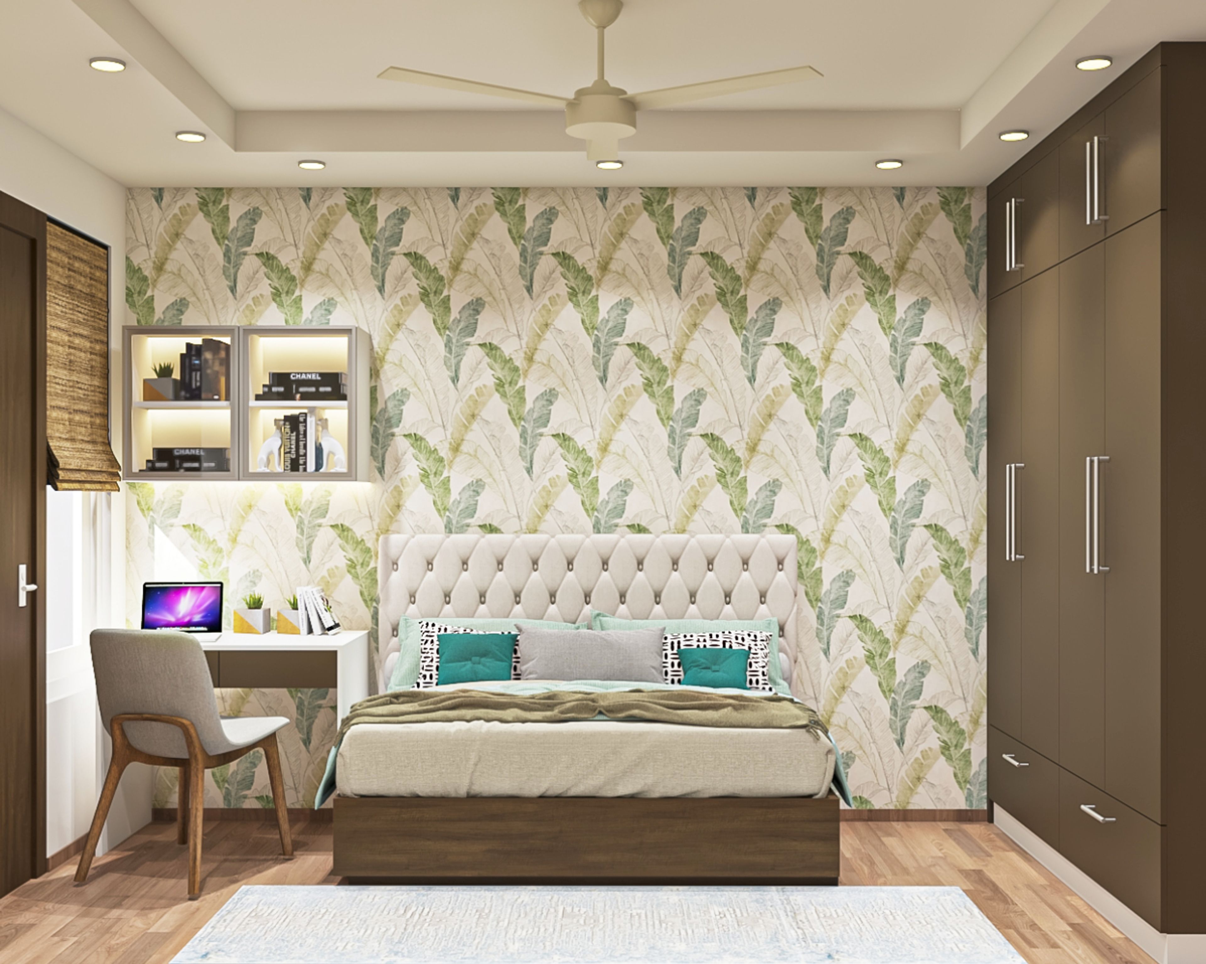 Modern Green And White Leafy Bedroom Wallpaper Design
