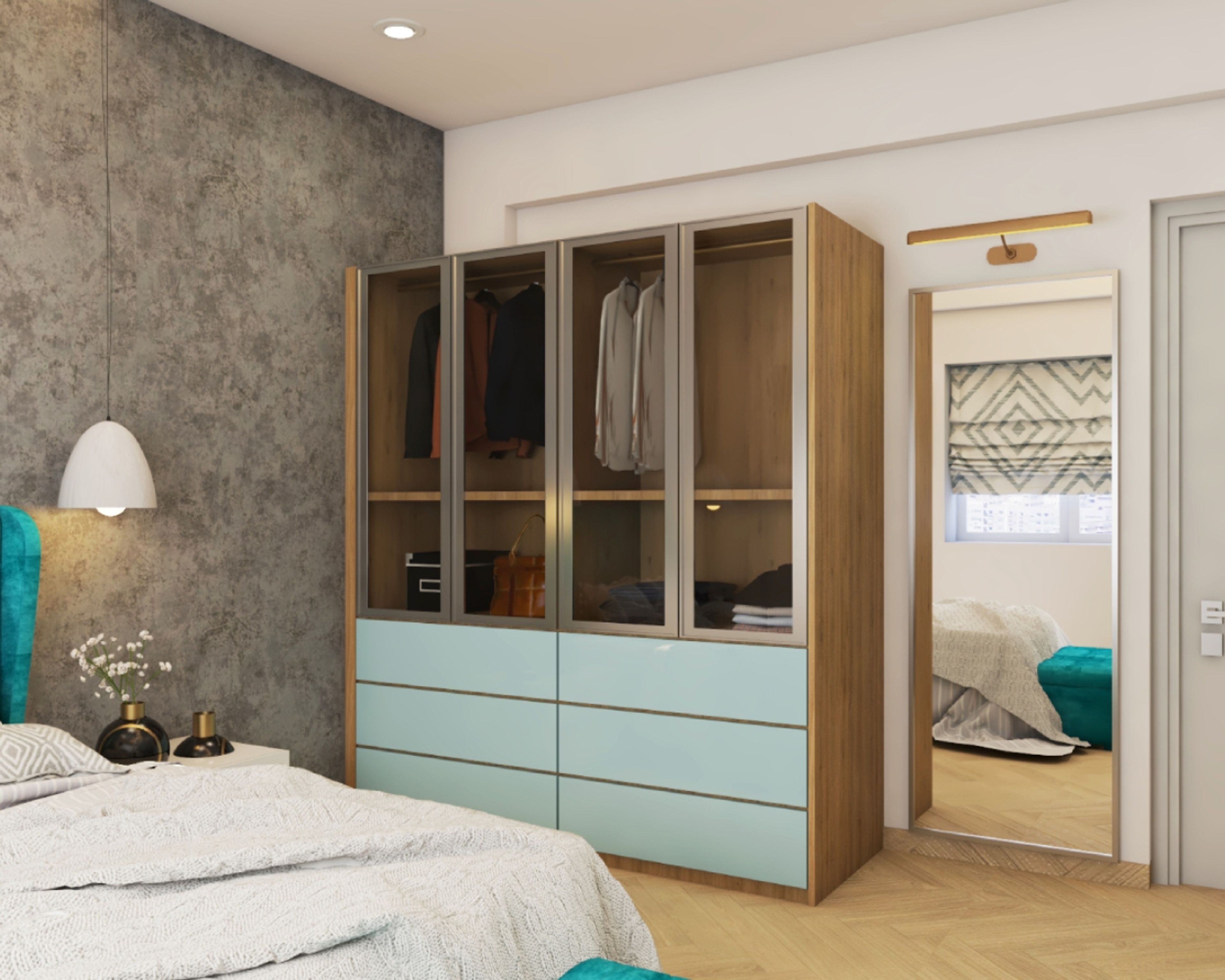 Modern Blue And Wood 4-Door Swing Wardrobe Design