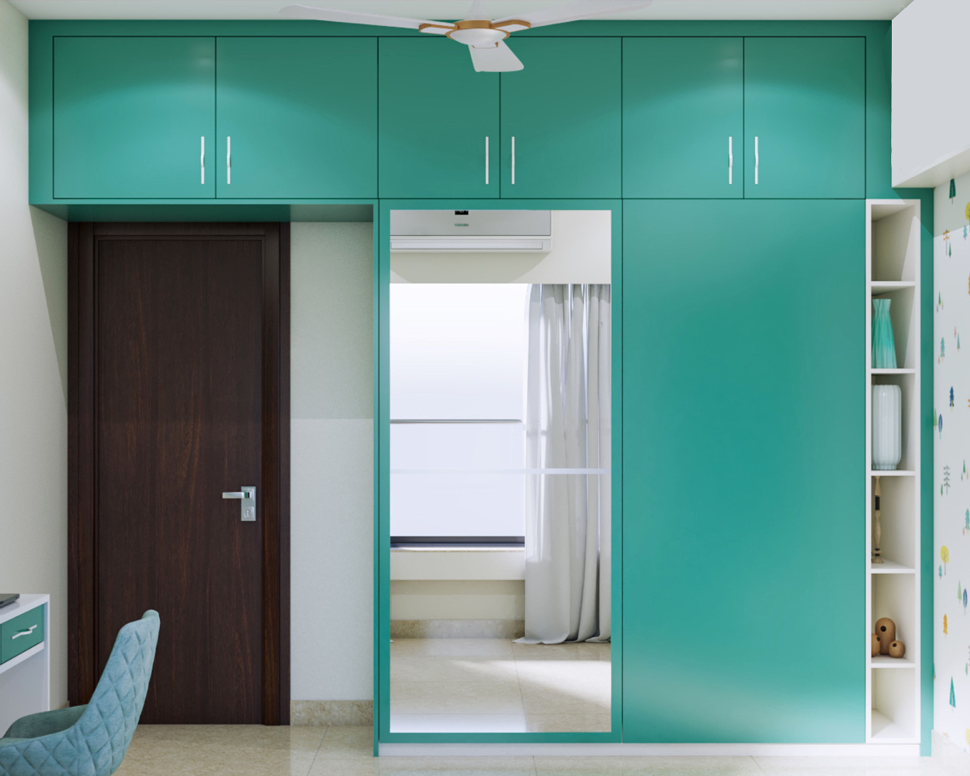Modern 2-Door Sliding Door Mirrored Wardrobe Design In Aqua Green
