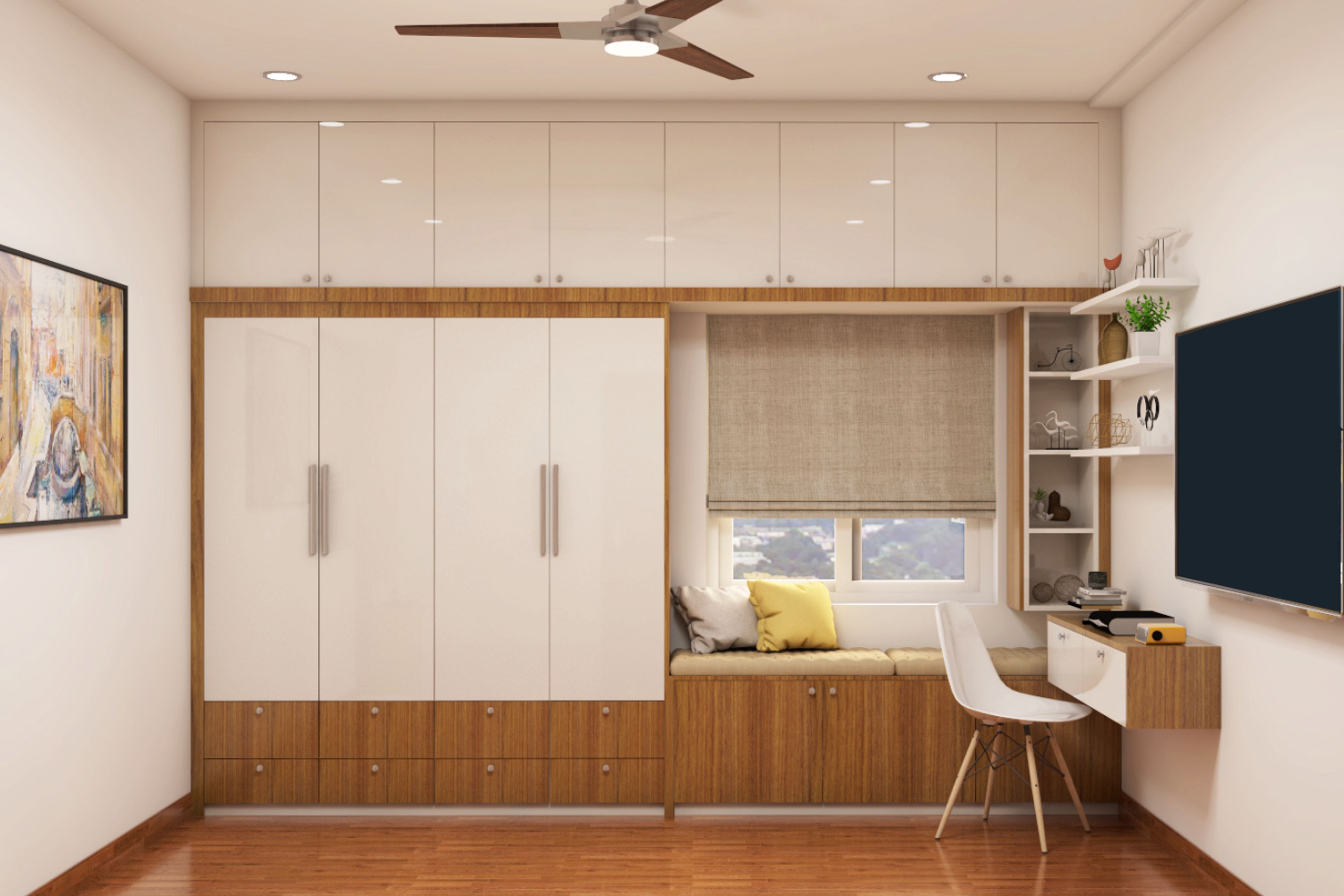 Modern 4-Door Persian Walnut And Frosty White Swing Wardrobe Design