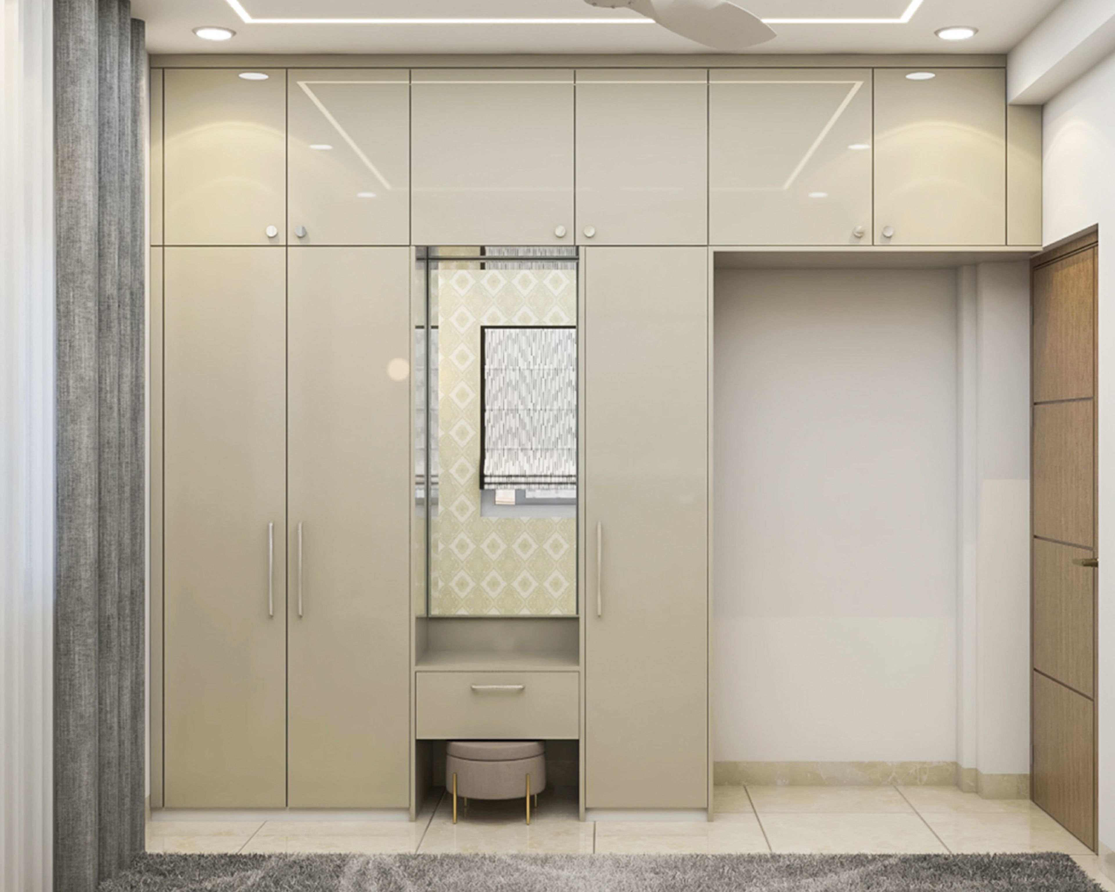 Modern Champagne-Toned 3-Door Wardrobe Design With Mirror